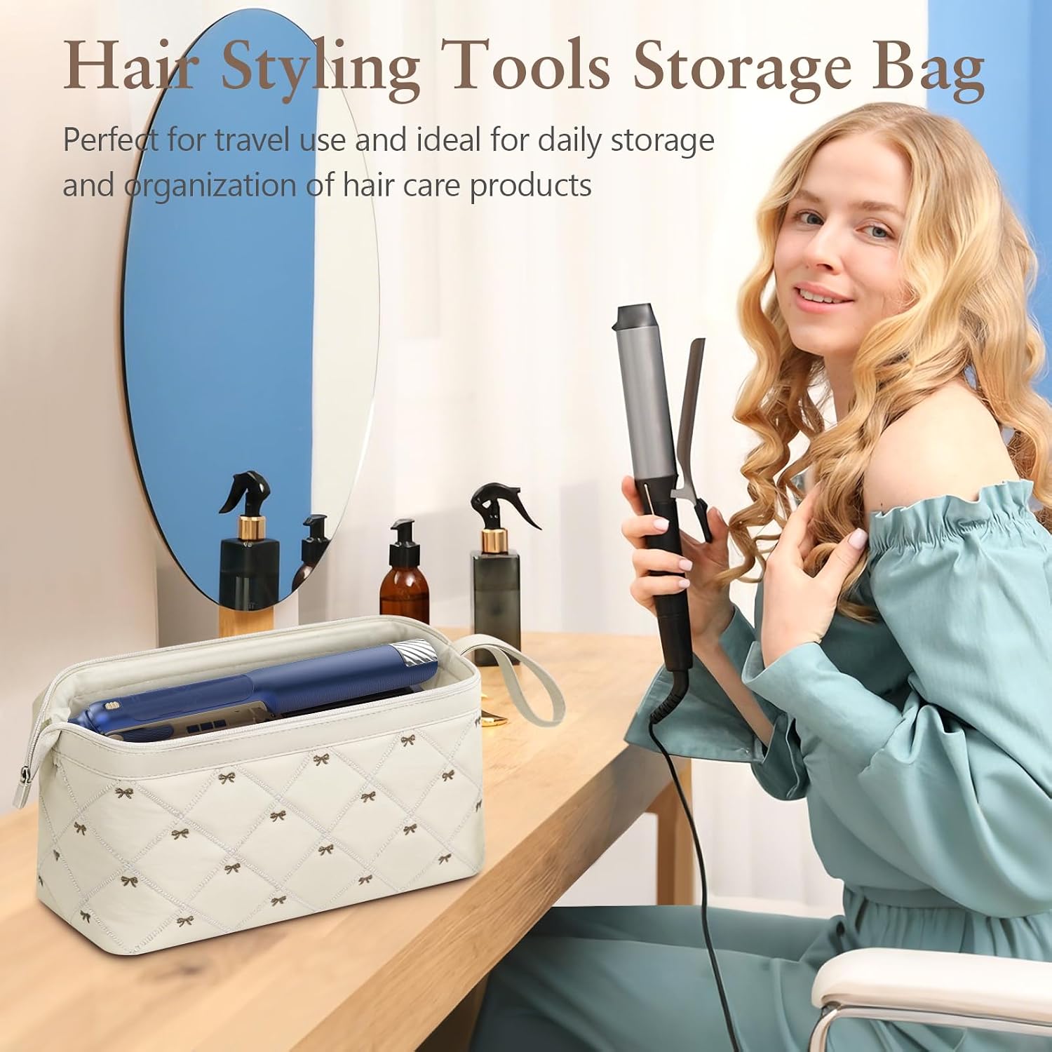 Hair Tools Travel Bag, Large Quilted Hair Dryer Bag, Storage Case for Flat Irons, Travel Carrying Case for Shark FlexStyle, Dyson Airwrap Hair Dryer, Portable Hair Dryer Organizer for Women - White