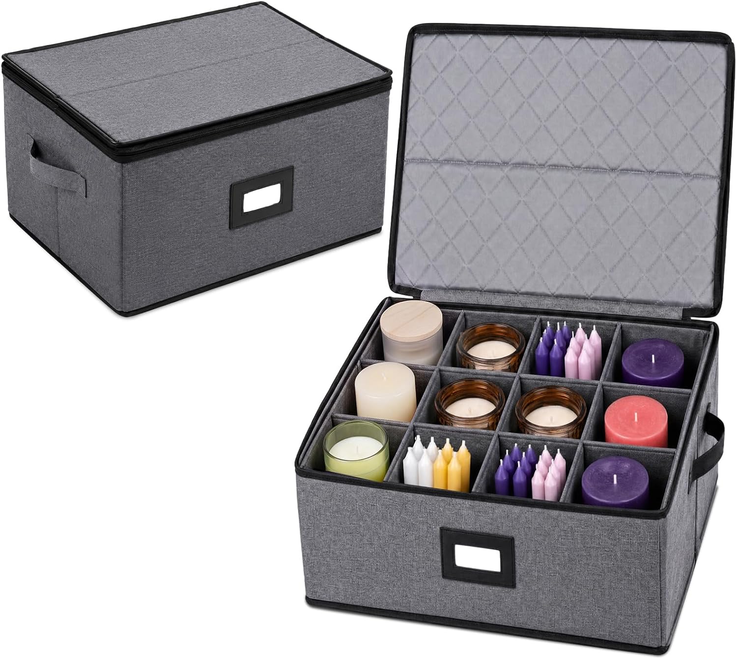 Candle Storage Organizer Box with 12 Segmentation Layer Extra Tall 10" Depth Fits Large Jar Candles Taper Pillar Candles Heavy Duty Scented Candle Cabinet with Reinforced Handles Lid