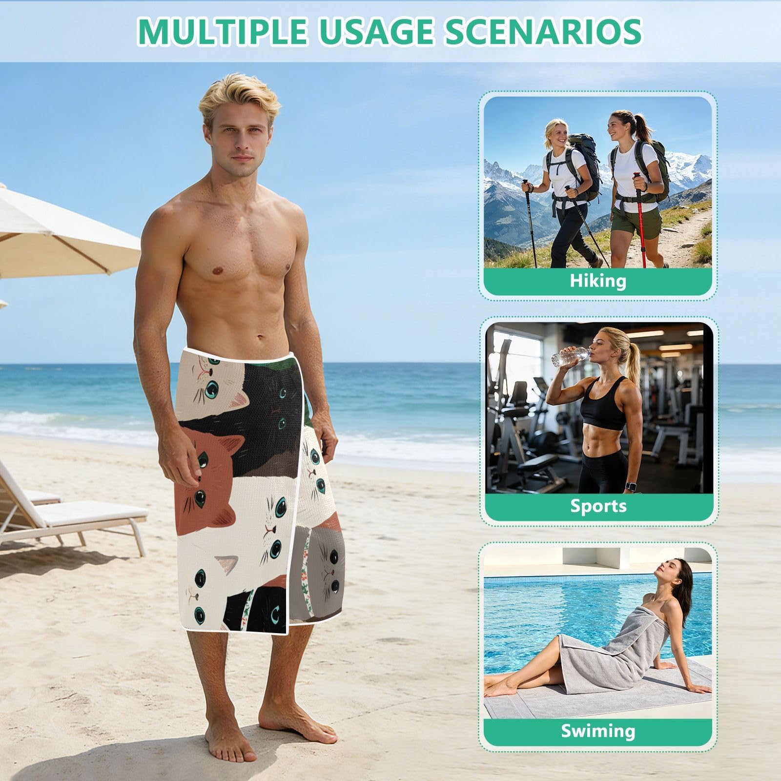 Grandes serviettes de plage avec sacs en maille pour adultes, serviette de bain à motif de chat mignon avec fermeture magnétique, anti-sable, serviette à séchage rapide pour piscine, camping et