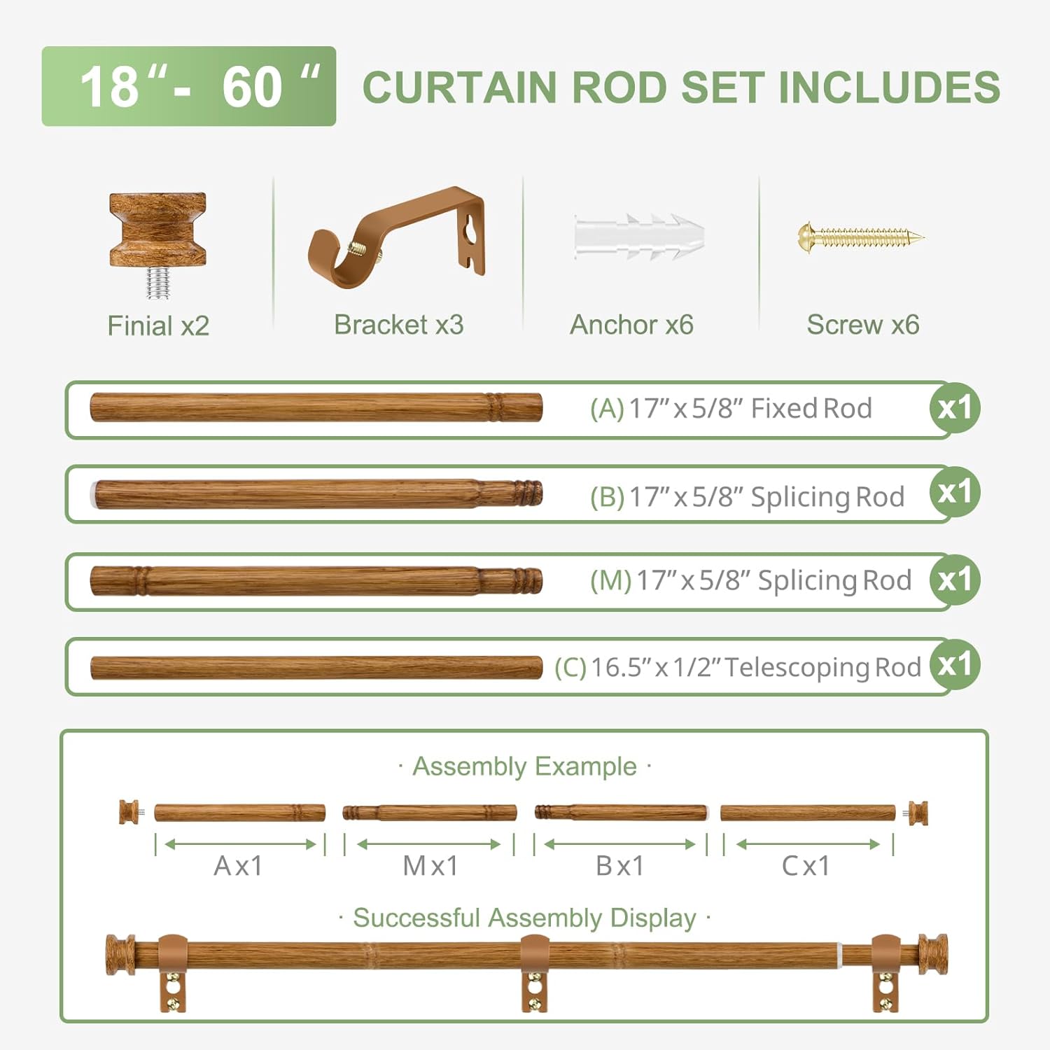 Curtain Rod and No Drill Curtain Rods Brackets Bundle: Wood Single Window Rod 18 to 60 Inch,Self Adhesive Holder & Heavy Duty Metal Hardware Combination,Renter Friendly Drapery Pole Set,Wood