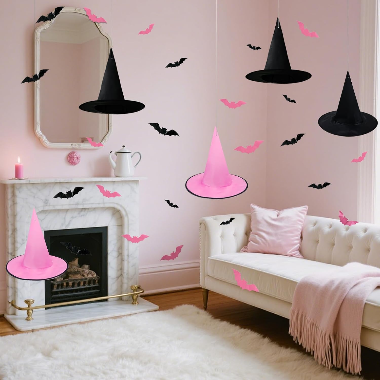 Daily Treasures 16 Pack Black & Pink Hanging Witch Hats Set with 32 Pcs 3D Bat Wall Decor & 150m Hanging Rope for Halloween Decorations Costume Accessory,Cosplay, Spooky Decor, Indoor Outdoor Party