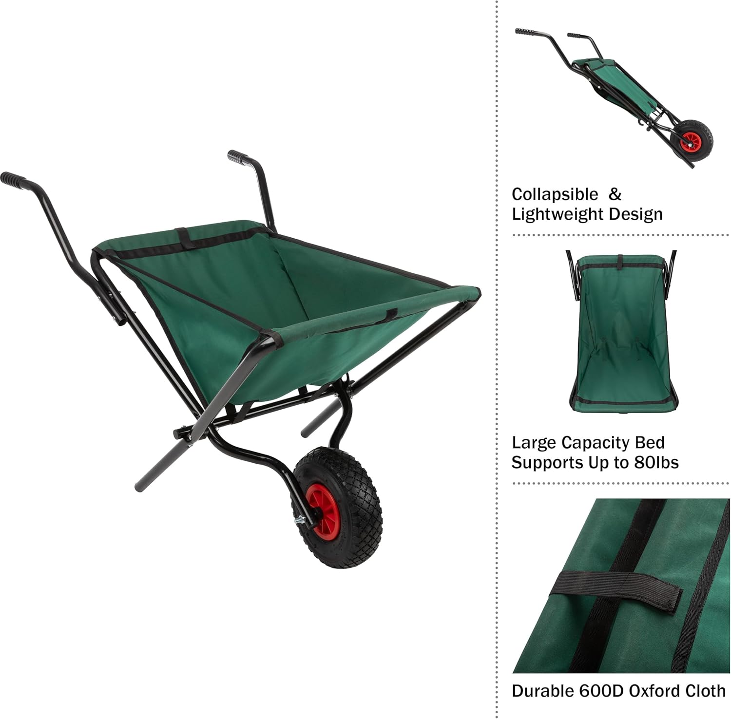 Folding Wheelbarrow - Collapsible Garden Cart with 80lb Capacity, Storage Pouches, and Padded Handles - Wheelbarrows for Lawn Care by Pure Garden (Green)