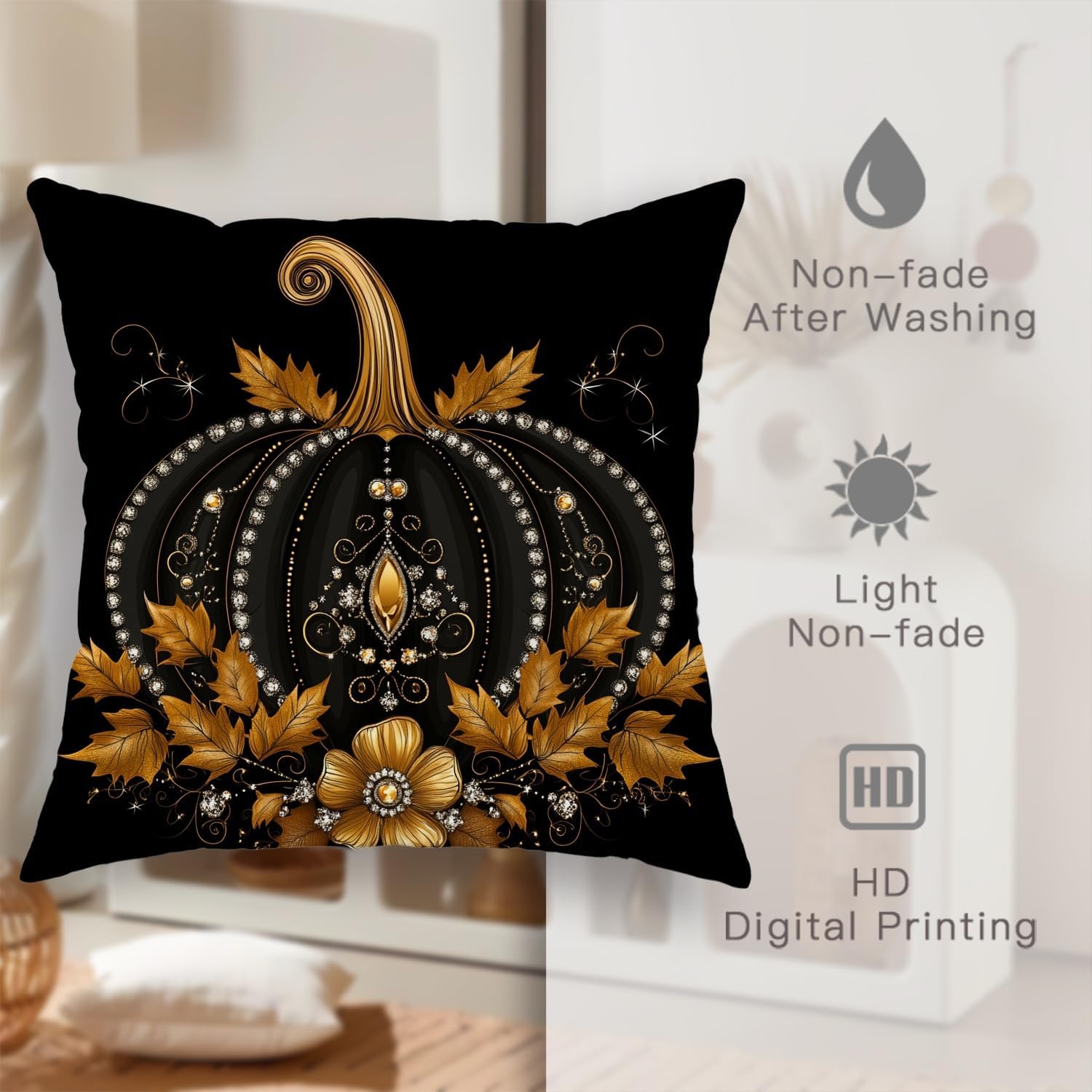 Elegant Halloween Pumpkin Throw Pillow Covers Set of 2, Black and Gold Decorative Cushion Covers for Fall Harvest Home Decor, Perfect for Sofa Couch Bed 26x26 Inch