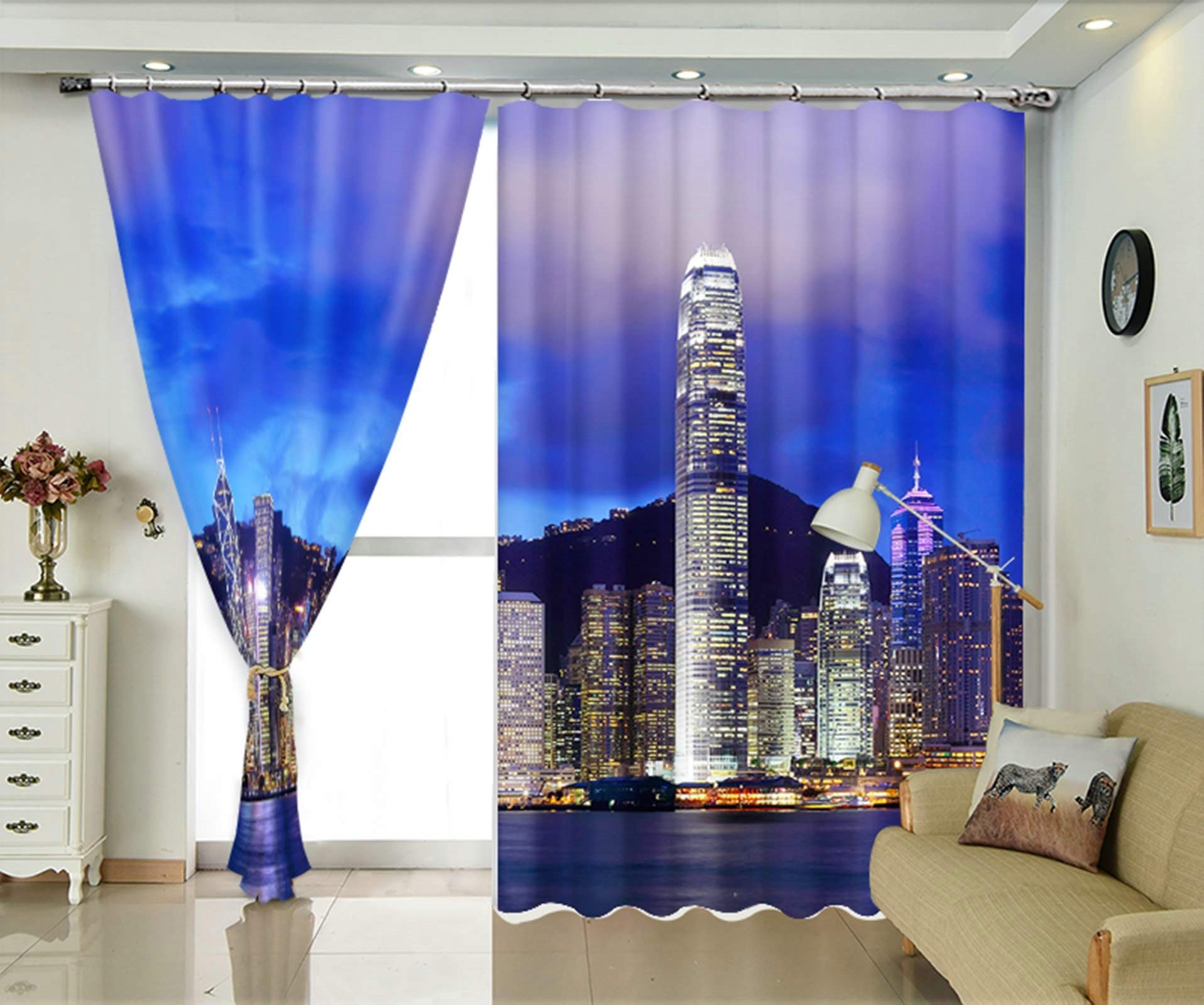 Zasłony zaciemniające, Hong Kong Victoria Harbour nocny widok zasłony zaciemniające sypialnia, ochrona prywatności poliester, zestaw 2 paneli zaciemniająca zasłona do salonu sypialni rozmiar: 274 x 244 cm