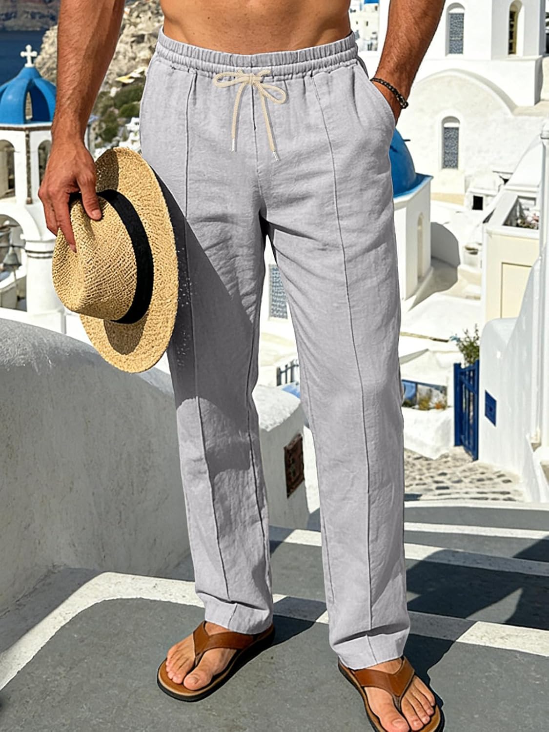 Men’s Linen Pants Casual Beach Yoga Pants Elastic Waist Drawstring Straight Leg Loose Lightweight Trousers with Pockets - Image 7