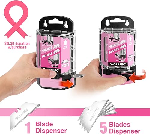 Miniatura 3 de WORKPRO Cuchillas para cuchillos utilitarios, paquete de 100 cuchillas de repuesto con dispensador, acero al carbono SK5, cinta rosa