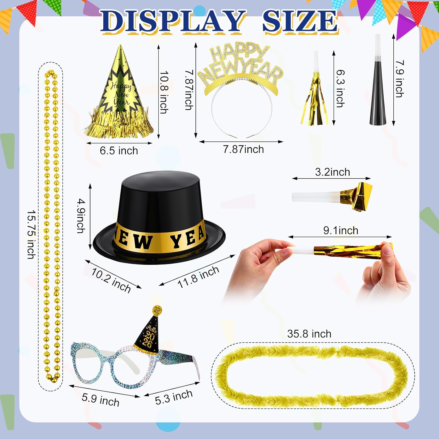 204 Pcs 2026 New Year's Eve Party Supplies for 50 Guests Includes Top Hats Cone Hats Tiaras Glasses Horns Squawkers Blowouts Bead Necklaces Lei Necklace Happy New Year Party Favors - Image 2