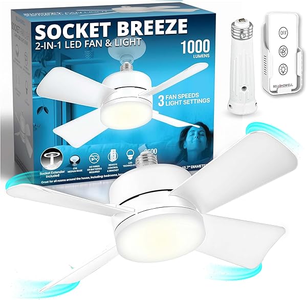 Bell+Howell Socket Breeze Socket Fan Light with Remote, Portable Small Ceiling Fans with Lights for Bedroom, Kitchen, Living Room, Ceiling Fan with Light 3500K, 1000 Lumens, Screws into E26/E27