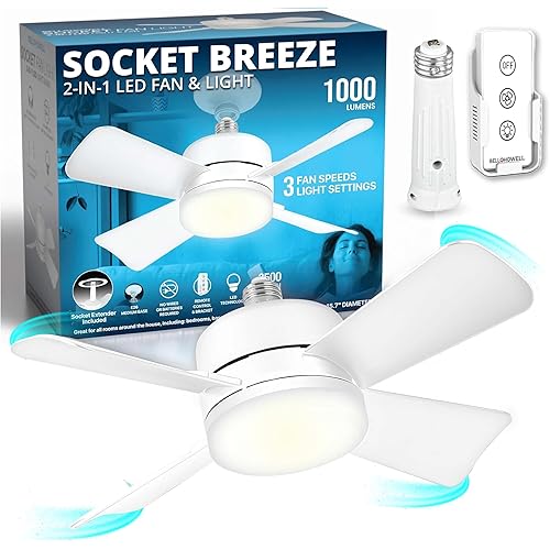 Bell+Howell Socket Breeze Socket Fan Light with Remote, Portable Small Ceiling Fans with Lights for Bedroom, Kitchen, Living Room, Ceiling Fan with Light 3500K, 1000 Lumens, Screws into E26/E27