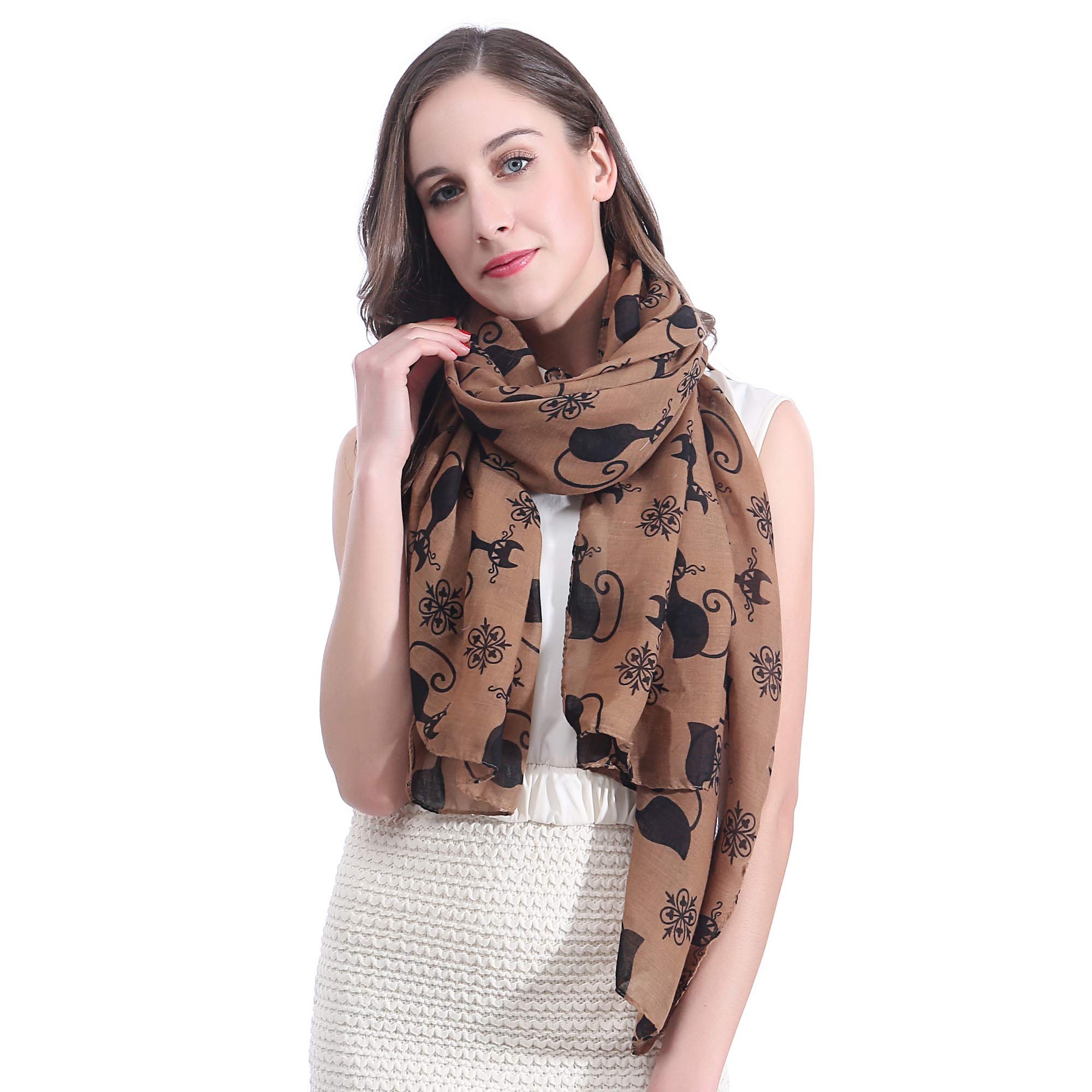 Lina & Lily Cat Print Women's Scarf Shawl Wrap Lightweight (Brown & Black)