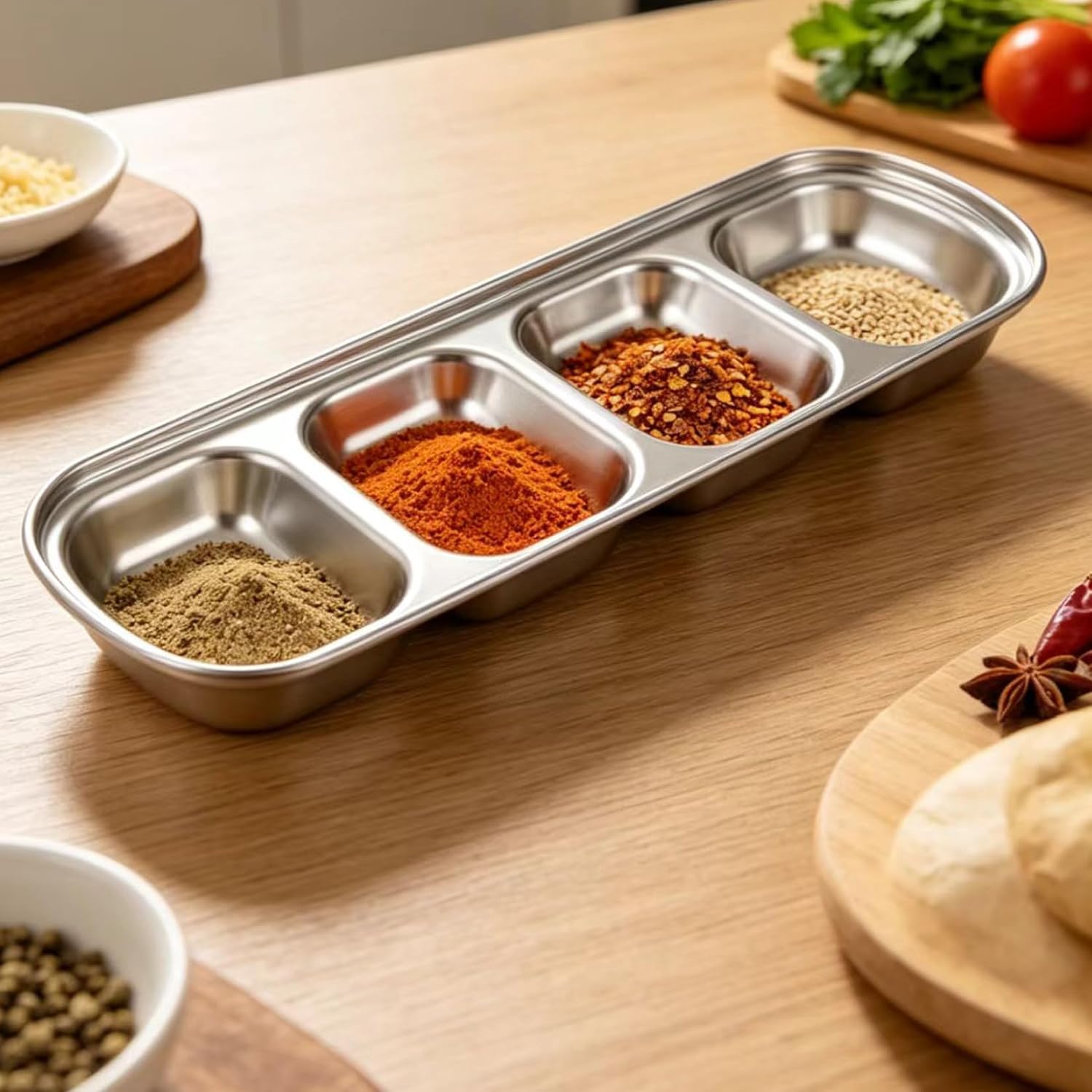4 Pcs Stainless Steel 4-Compartment Condiment Tray – Korean Style Soy Sauce Dish for BBQ, Banchan, Spices, Salt, Sugar – Stackable Divided Server for Home & Restaurant Use