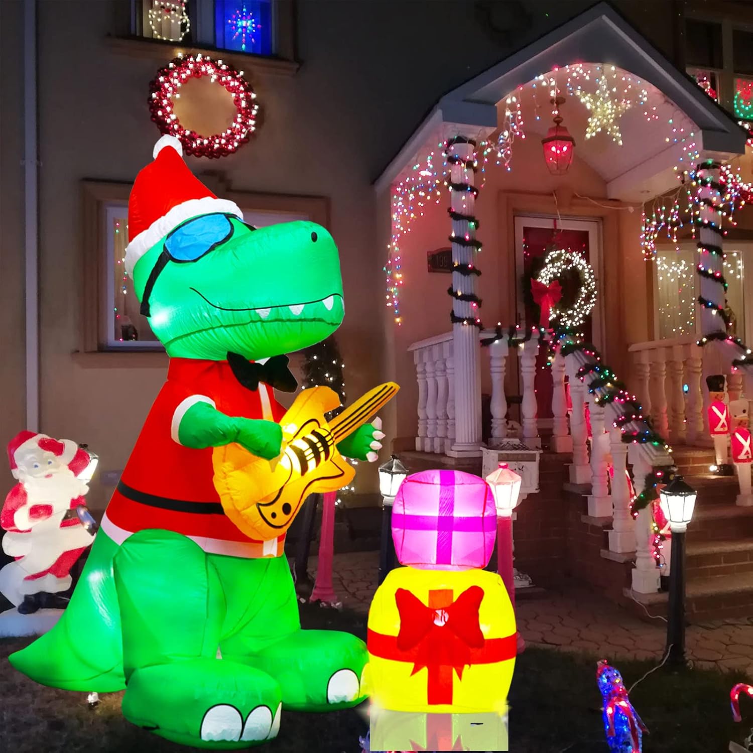 7Ft Christmas Inflatable Decorations Dinosaur, West Bay Inflatable Dinosaur Built-in LED Lights, Tethers, Stakes for Outdoor Indoor Yard Lawn Decorations