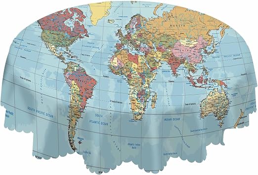 AOYEGO World Map Table Cloth Ocean Mainland Countries Partial Map Warp Weft Lines Colorful Round Tablecloth 60 Inch for Dining Room, Party, Banquet