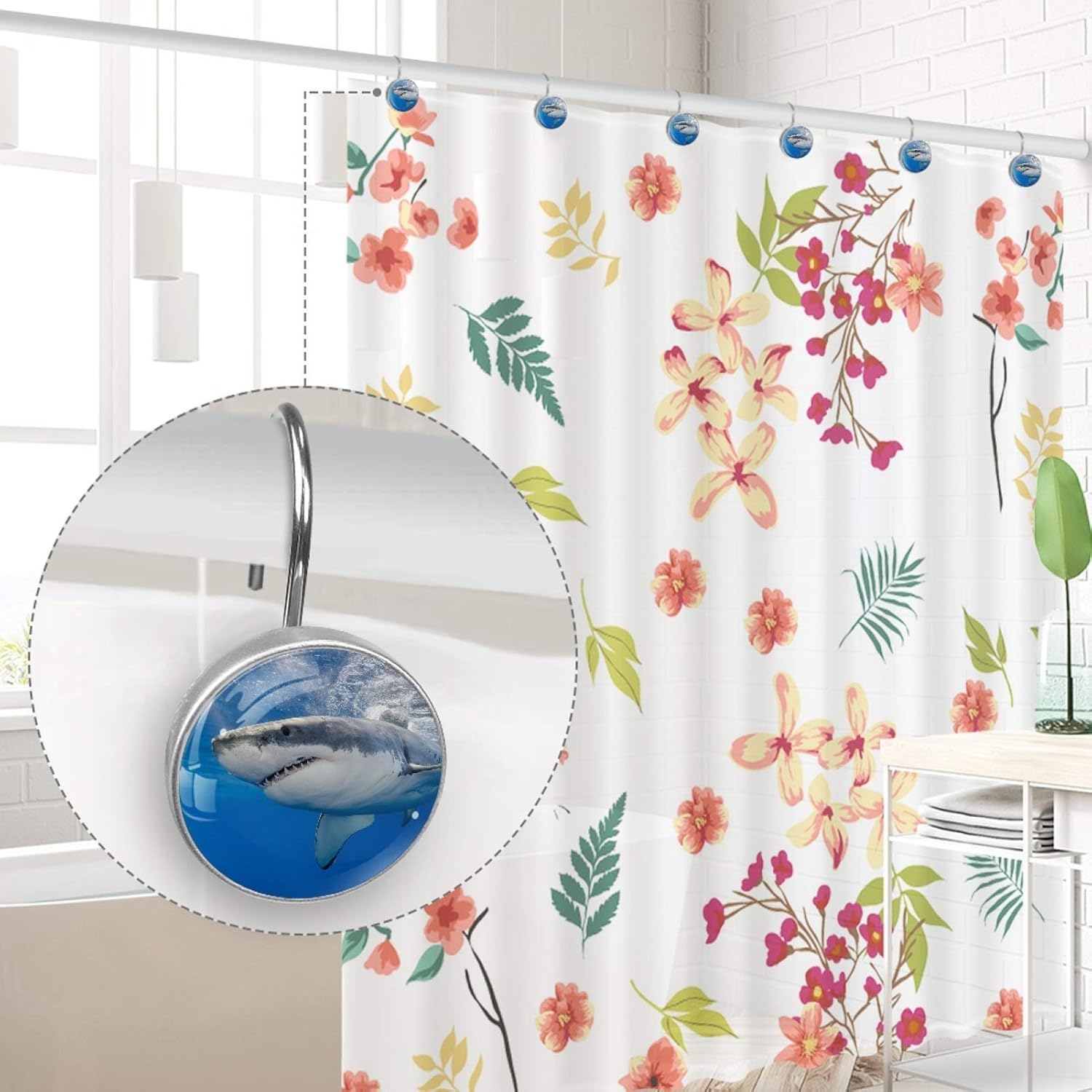 LORVIES Swimming Shark Shower Curtain Hooks Set of 12, Stainless Steel Shower Hooks Decorative Hanger Rings Rust Resistant for Bathroom Kids Room Fashion Home Decor