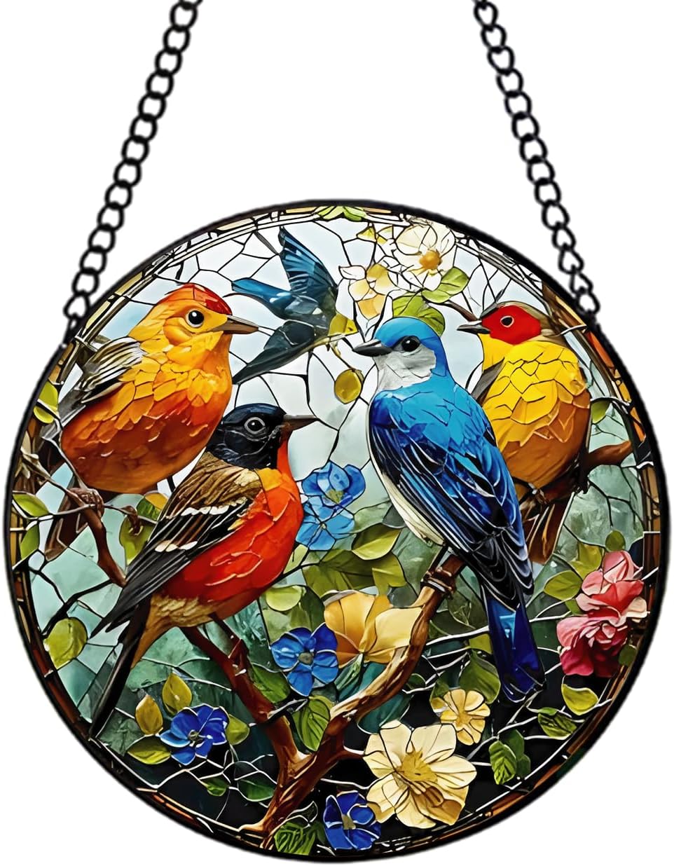 Birds on Branch Stained Glass Window Hanging - 7.8'' Suncatcher for Indoor/Outdoor Decor, Sun Catcher Glass Panel Wall Art Decor, for Women, Couples & Bird Lovers
