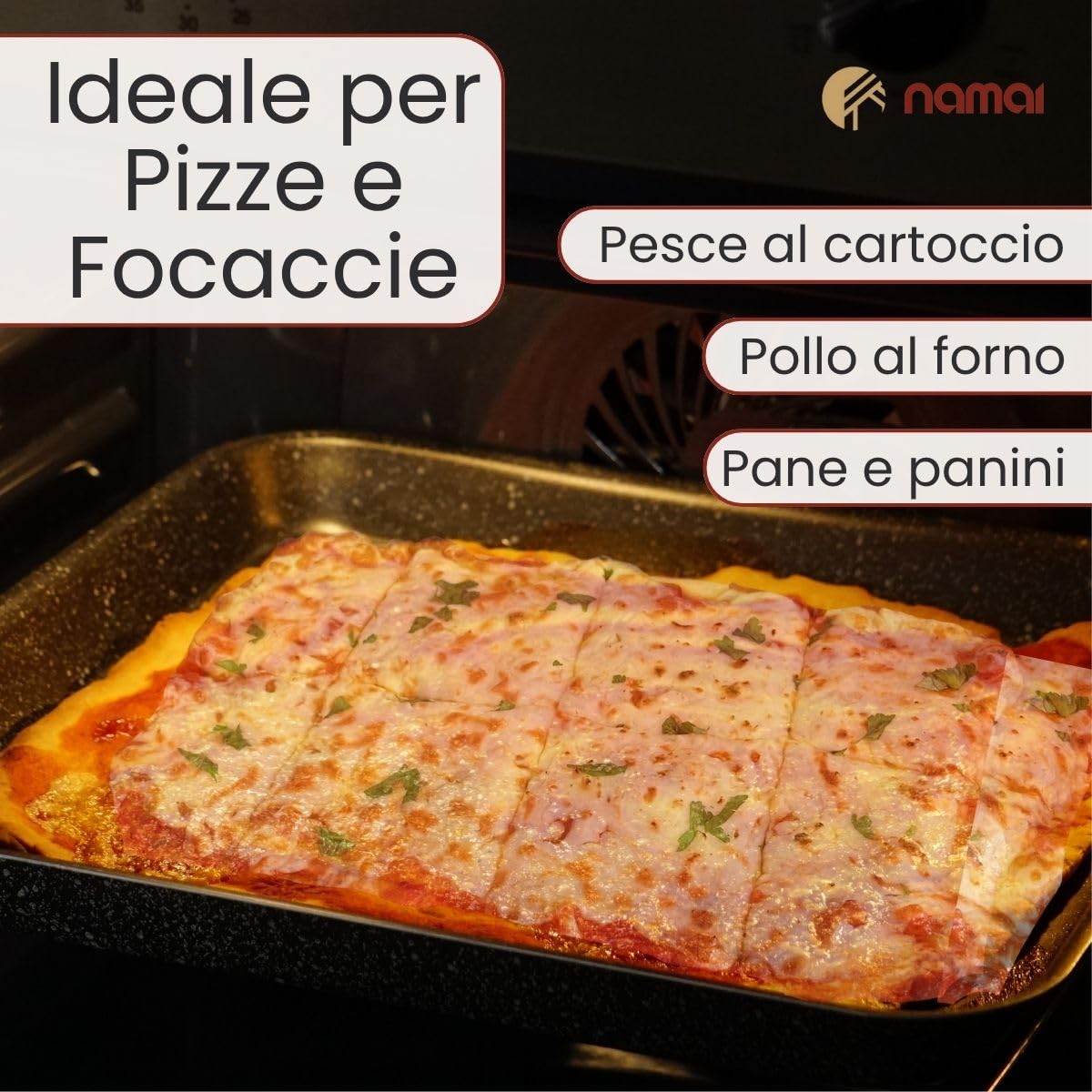 NAMAI - Teglia Pizza Rettangolare, 41CM x 29 CM, Alluminio Resistente e Duraturo, Antiaderente, Design Effetto Pietra, Made In Italy
