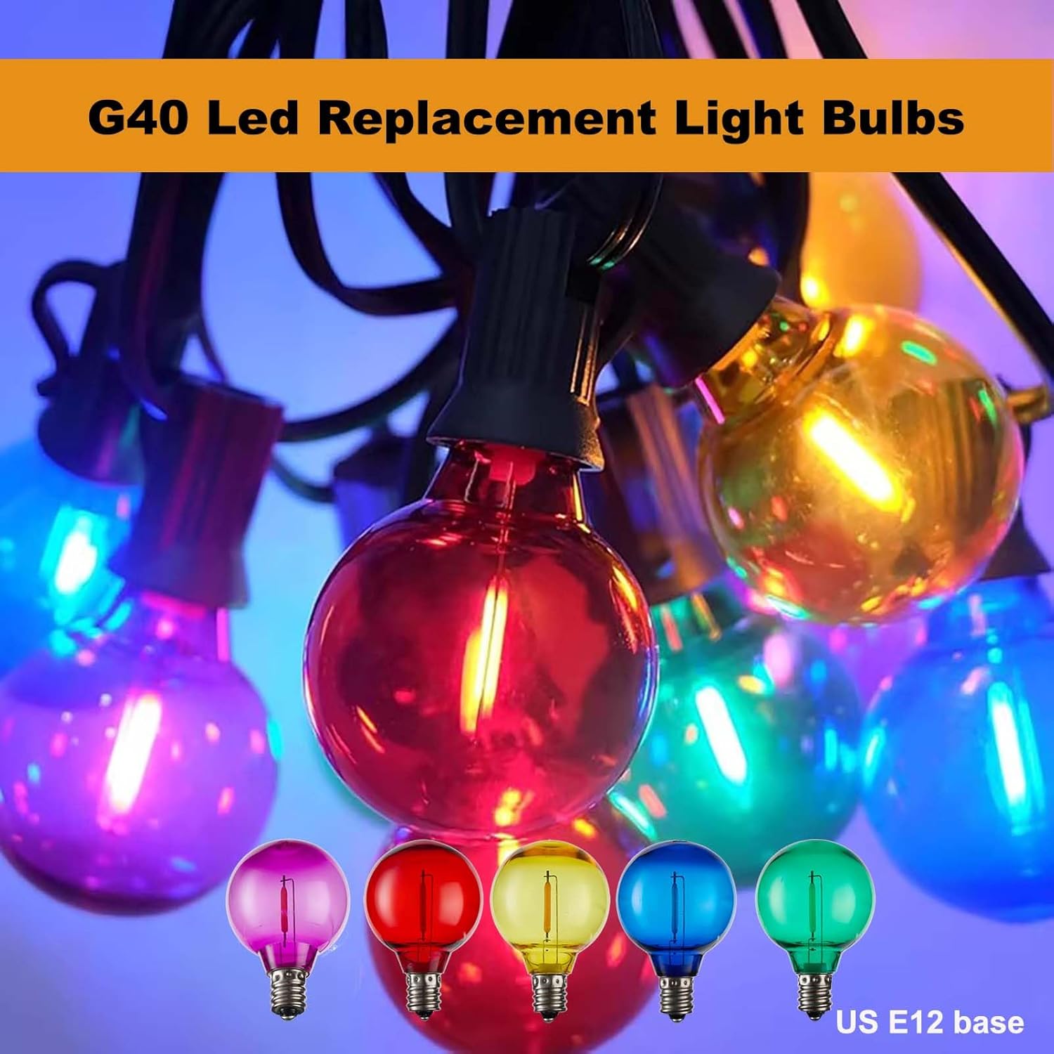 G40 Multicolor LED Outdoor String Light Bulbs, Shatterproof Waterproof, E12 Base Replacement Globe Light Bulbs, Plastic 0.6W 120V 2700K 25 Pack