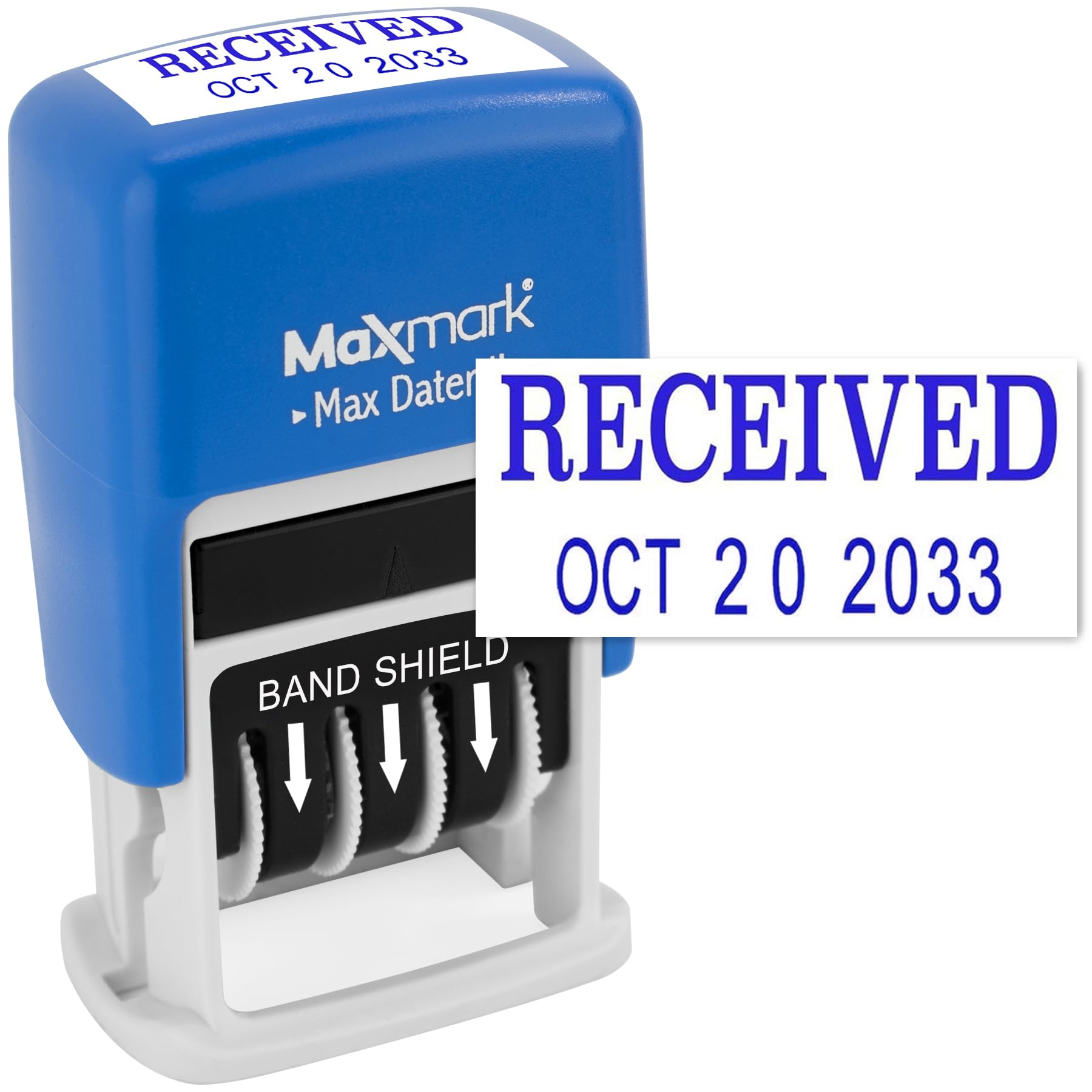 MaxMark Self-Inking Rubber Date Office Stamp with Received Phrase & Date - Blue Ink (Max Dater II), 12-Year Band