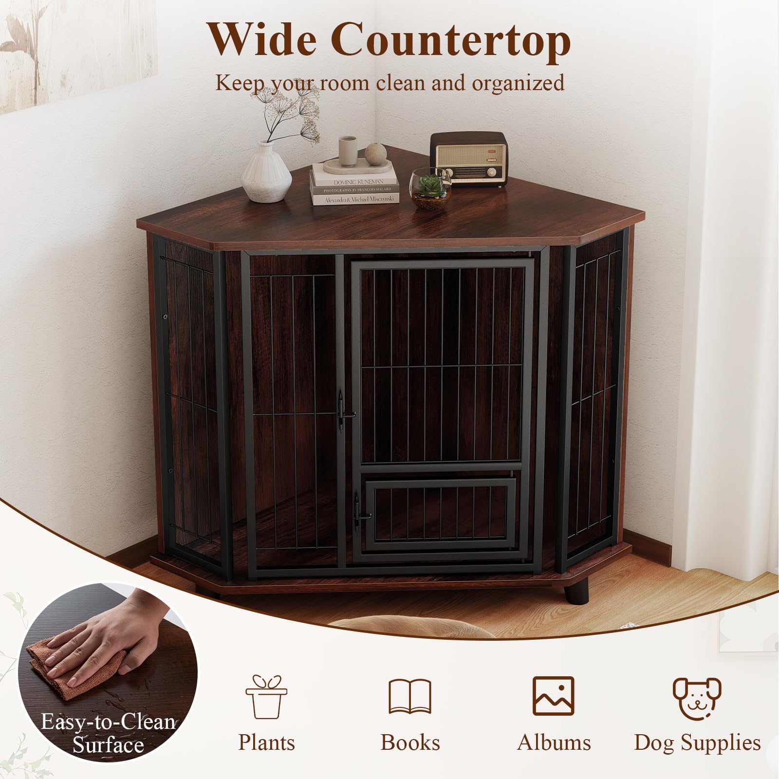FANTASK Hundebox Holz mit abschließbarer Tür, Eck Hundehütte mit stabilen Metallgittern & 3 Beinen, Hundemöbel platzsparend für kleine und mittelgroße Hunde, Innenbereich, 60 x 60 x 71,5 cm, Braun