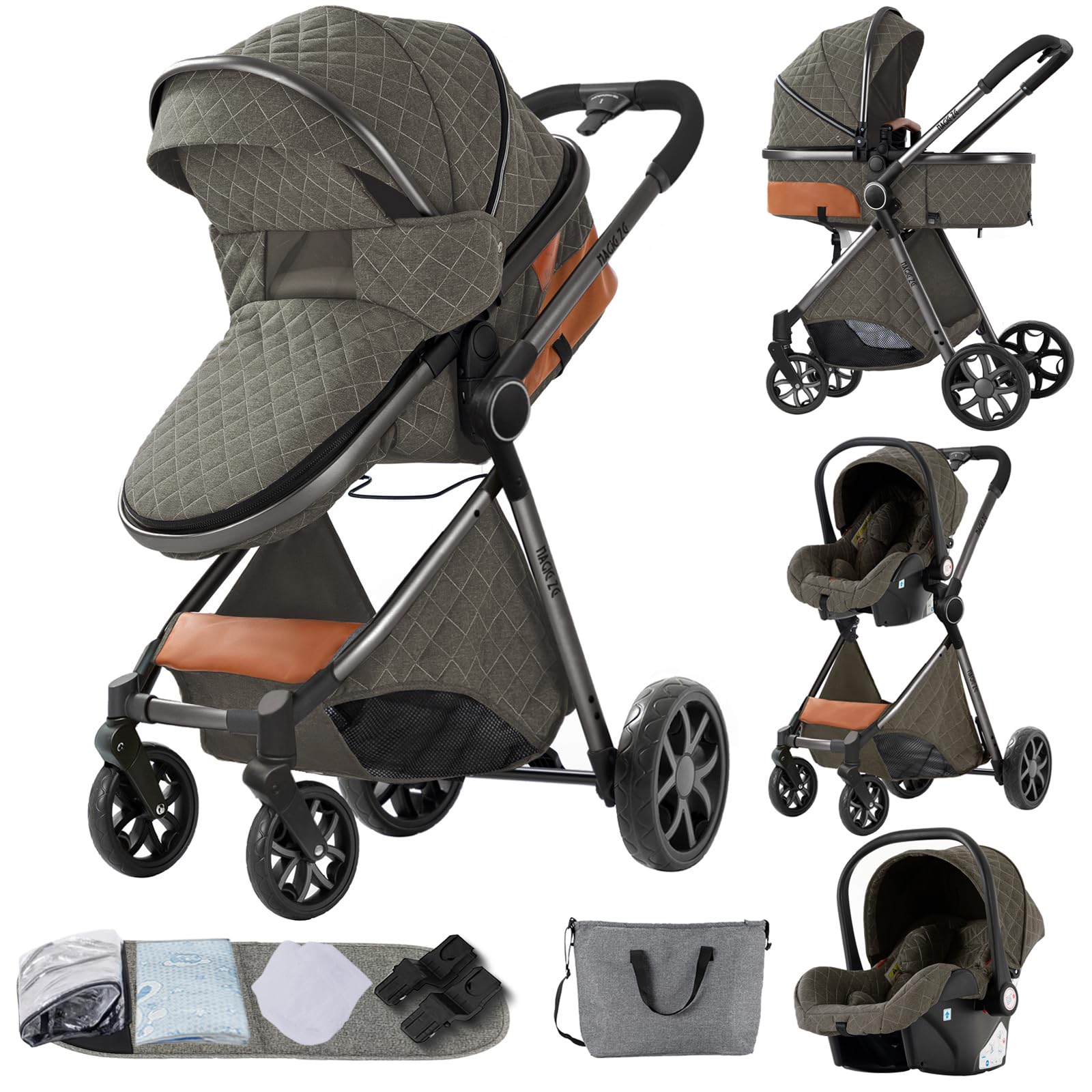 MoLi Kinderwagen 3 in 1, Kinderwagen mit Umkehrbarem Doppelschiebemodus, Buggy mit Großer Bequemer Babywanne, Kombikinderwagen 3 in 1 Rahmen Aluminiumlegierung Faltbar Hohe Landschaft (225 Deep Grey)