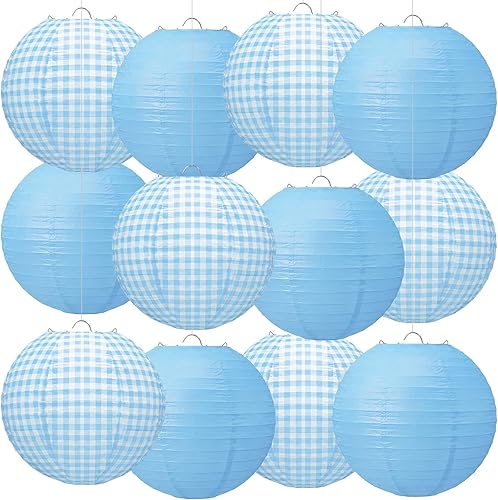 Honoson 12 linternas de papel a cuadros azules de 10 pulgadas a cuadros blancos y azules redondos chinos colgantes para baby shower, boda,