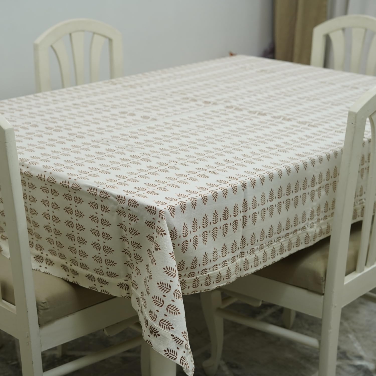 Green Grey and Brown Thick Cotton White Handmade Floral Block Print 60x90 Inch Dining Table Cloth Cover Decoartion Perfect for Housewarming Gift, 6 Seater, Abhishek