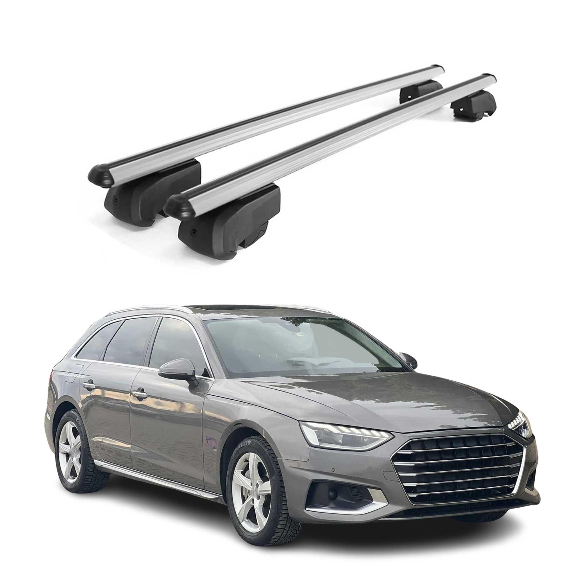 OMAC Aluminium Dachträger Querträger für Audi A4 B9 Avant 2016-2025 – City Crash – ISO/PAS 11154:2006 – Abschließbar – Max. 75 kg – 2 Stangen Silber
