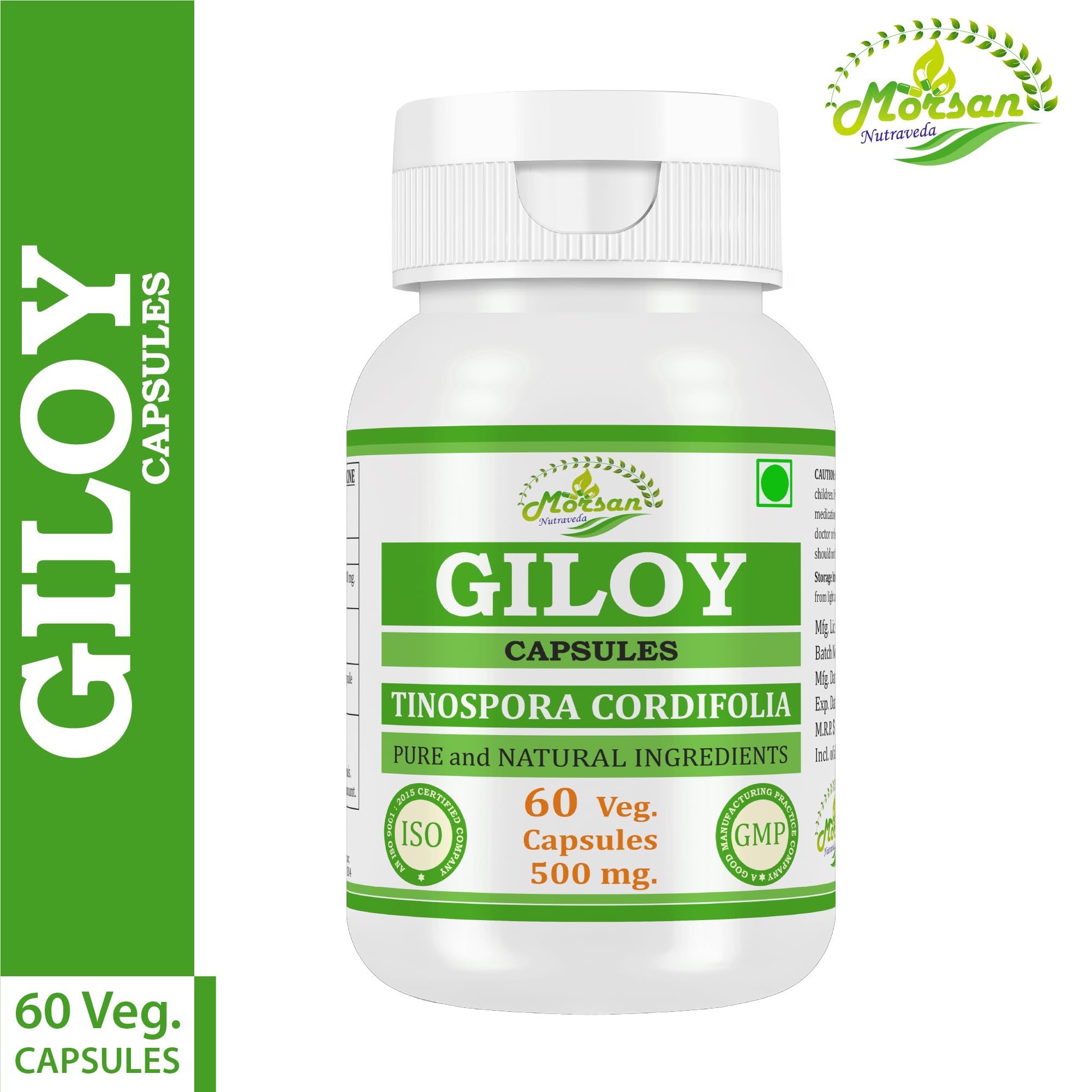 Giloy-Kapseln 500 mg. 60 Veganer. Einheiten | Guduchi (Tinospora Cordifolia) Extrakt-Kapseln für Männer und Frauen | Ayurvedische Kräuterergänzung/Heilmittel | 10:1 Stärke (2 Flasche mit 60 Kapseln)
