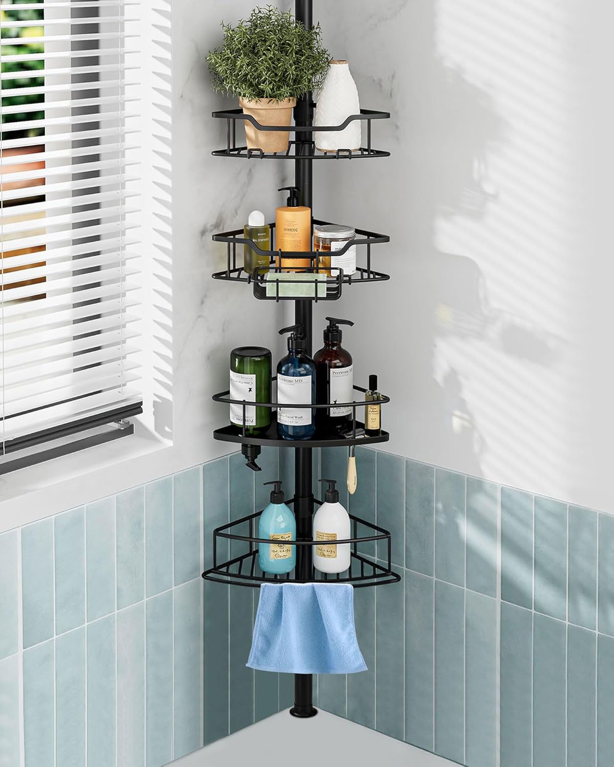 Corner Shower Caddy Tension Pole, 4 Tier Rustproof Shower Tension Rod Organizer, Adjustable 25-125 Inch Bathroom Shower Organizer Shelves for Bathtub Shampoo Storage, Black