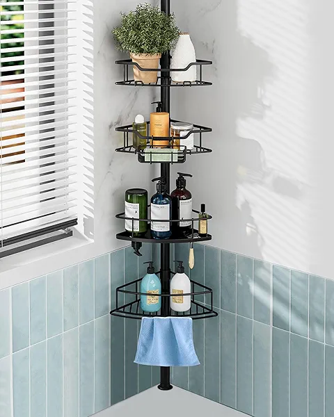 Dimyno Corner Shower Caddy Tension Pole, 4 Tier Rustproof Shower Tension Rod Organizer, Adjustable 25-125 Inch Bathroom Shower Organizer Shelves for Bathtub Shampoo Storage, Black