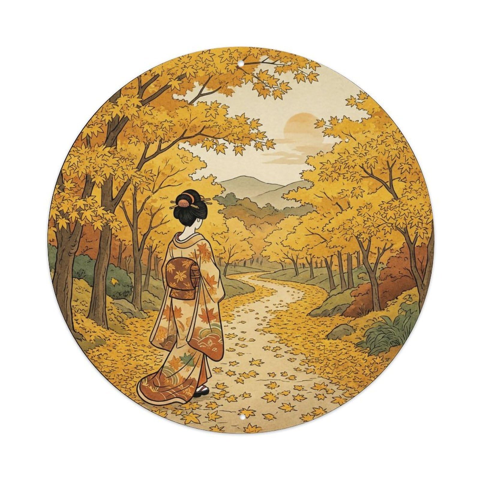 Yrnq 8X8inch Vintage Style Japanese Geisha Yellow Maple Path Autumn Walking Metal Tin Sign