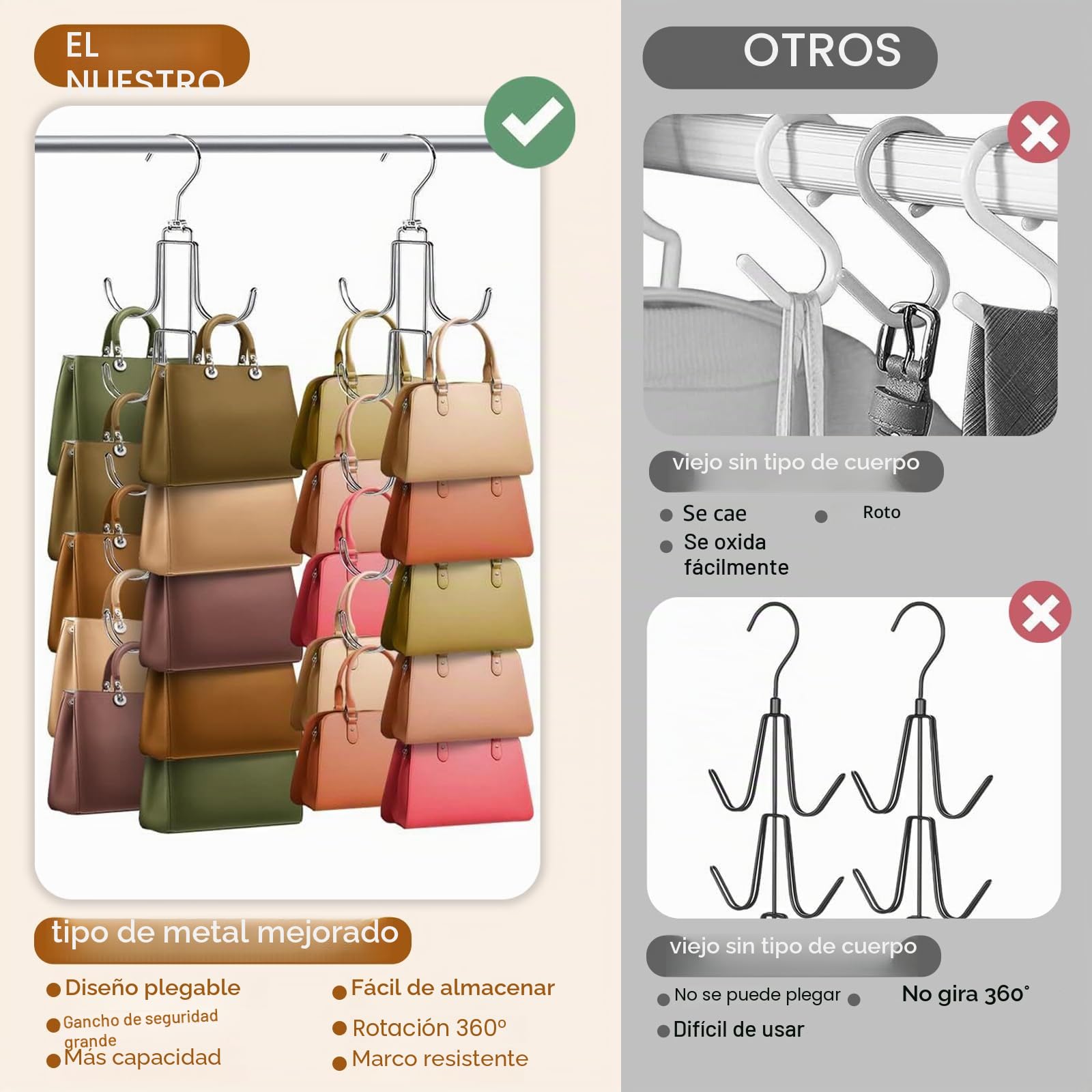 Organizador de bolsos para armario, colgador de bolsos mejorado con 10 ganchos grandes, rotación de 360 grados para una mejor organización y presentación