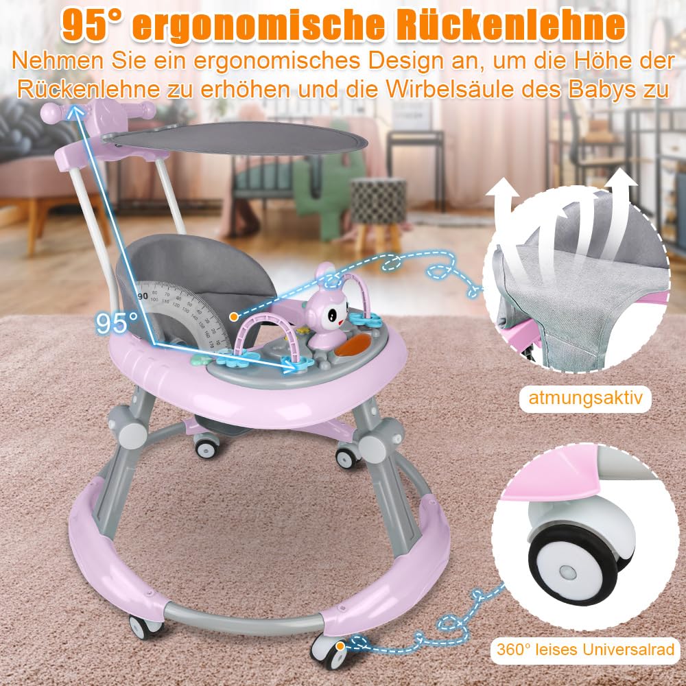 Girarrosto pieghevole per bambini, altezza regolabile, girello per neonati con musica, giocattolo per bambini, carico massimo 20 kg (rosa-67 x 67 x 79 cm)