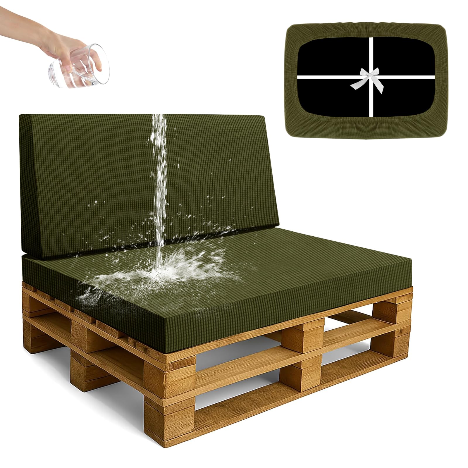 SYLC Waterproof Pallet Cushions Covers, Stretch Cover for Pallet Furniture Cushions with 4 Ties, Outdoor Corner Sofa Covers for Rattan Patio Garden Caravan (Olivegreen,2 PCS(1 Seat+1 Back))
