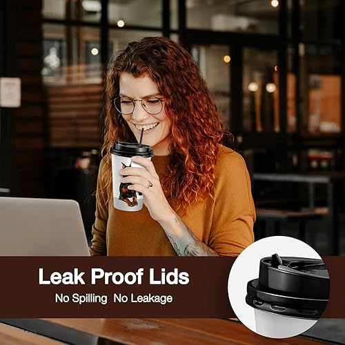 Miniatura 6 de KPX 72 juegos de tazas de café desechables con tapas, vasos de papel blanco y marrón To Go, tazas de 16 onzas para bebidas calientes con tapas