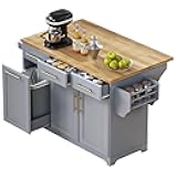 SOFTSEA Rolling Kitchen Island with Trash Can Storage, Kitchen Cart with 2 Pull Out Cabinet Organizers & Rubber Wood Drop Leaf, 59.3