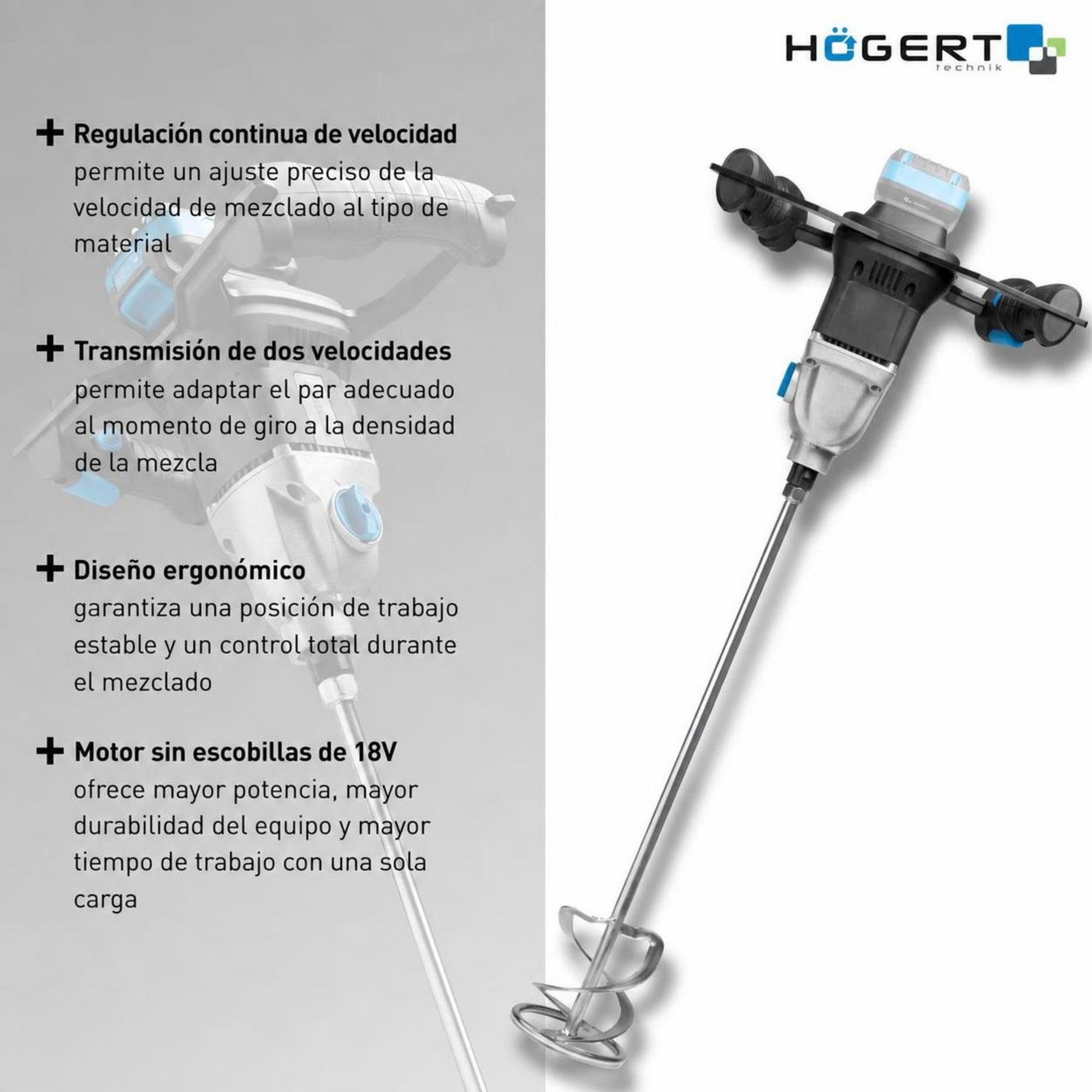 HÖGERT TECHNIK Miscelatore a batteria brushless 18V, attacco M14, 2 velocità 0-450/0-720 giri/min, agitatore mescolatore per vernici malte colle stucchi, senza batteria inclusa