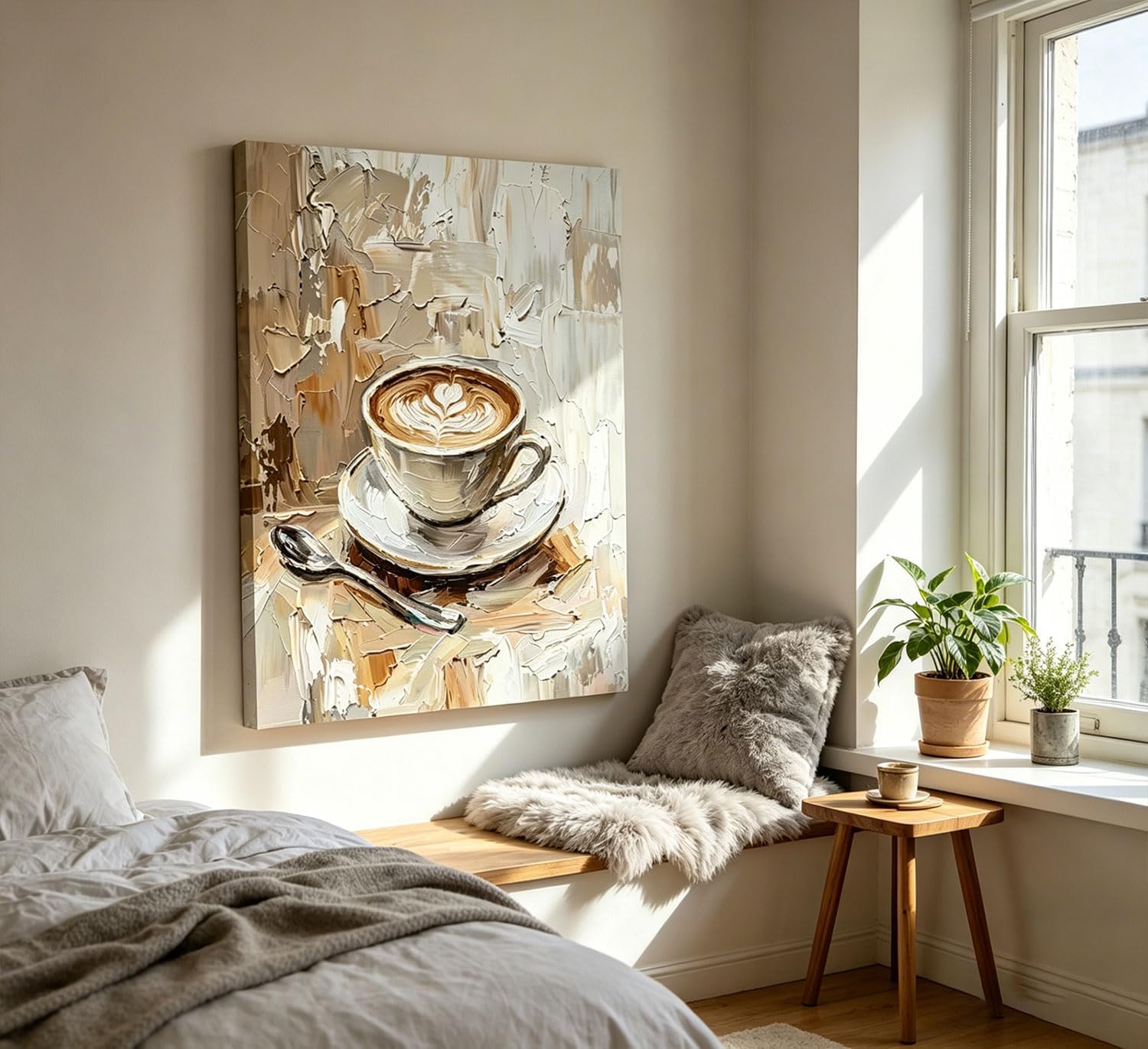 Coffee Cup Canvas Wall Art, Neutral Latte Art Painting Print, Kitchen Coffee Bar Wall Decor, for Living Room Bedroom Dining, 24" L x 16" W Framed