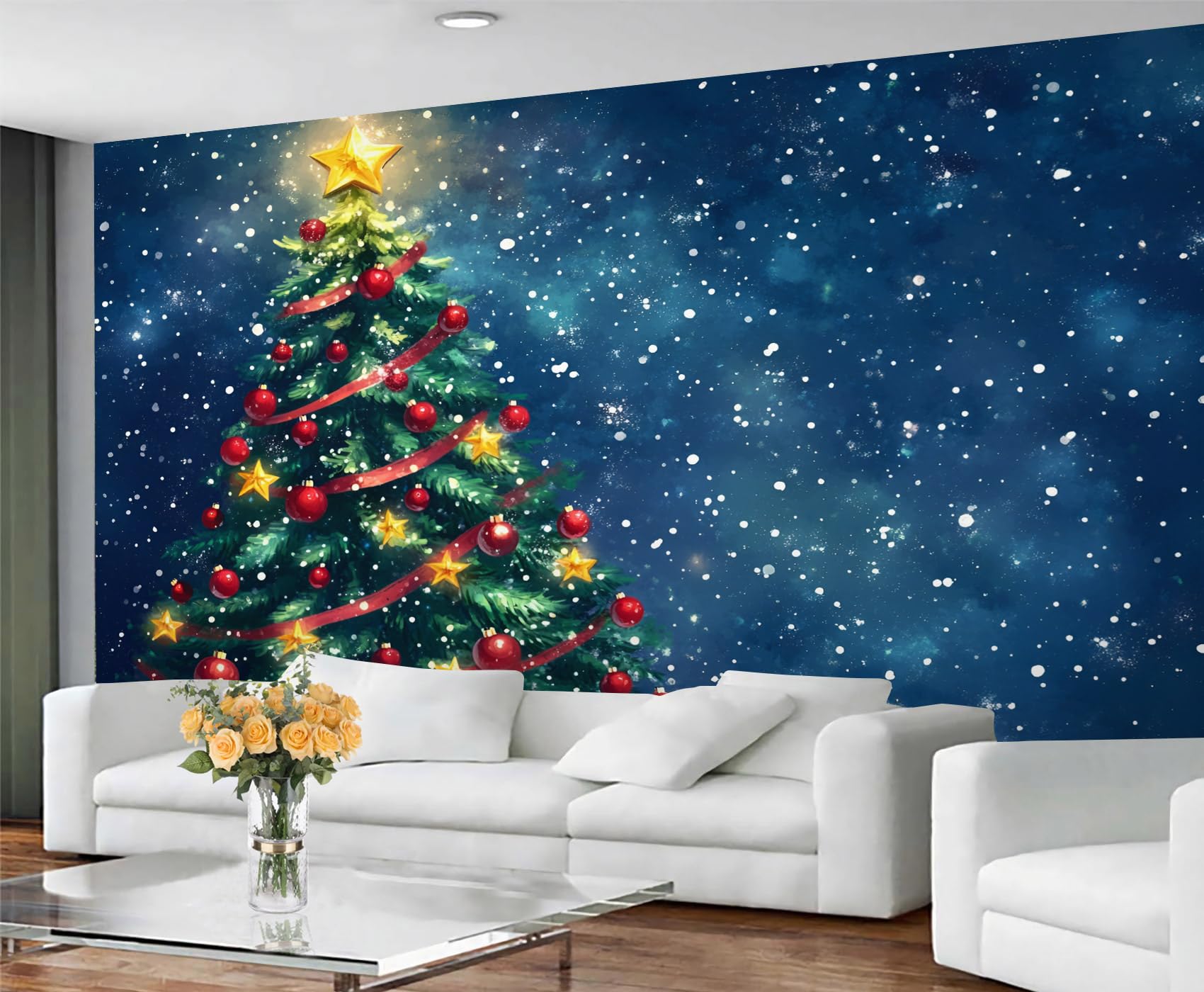 GIVLWF Wallpaper, Navy Blue Mural & Room Decor, Festive Tree Bedroom Wallpaper, Cartoon Wall Paper for Living Room, Non-Self-Adhesive, Murals for Walls
