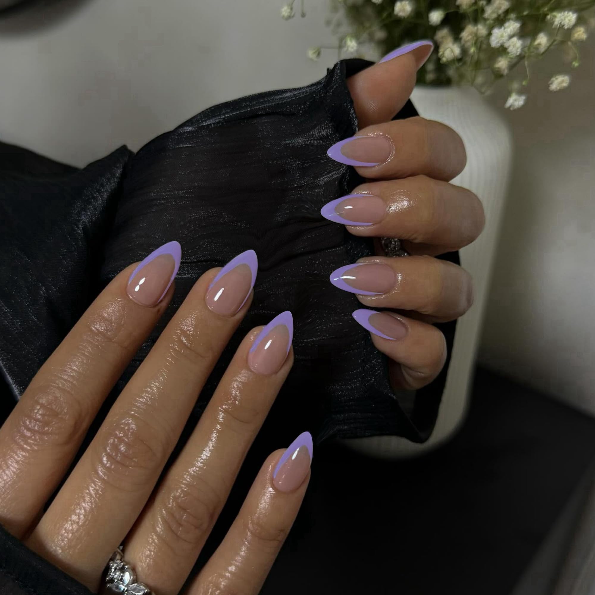 30 Pcs Purple French Tip Press ons, Short Almond Nails Acrylic, Natural Stiletto Nails 15 Sizes