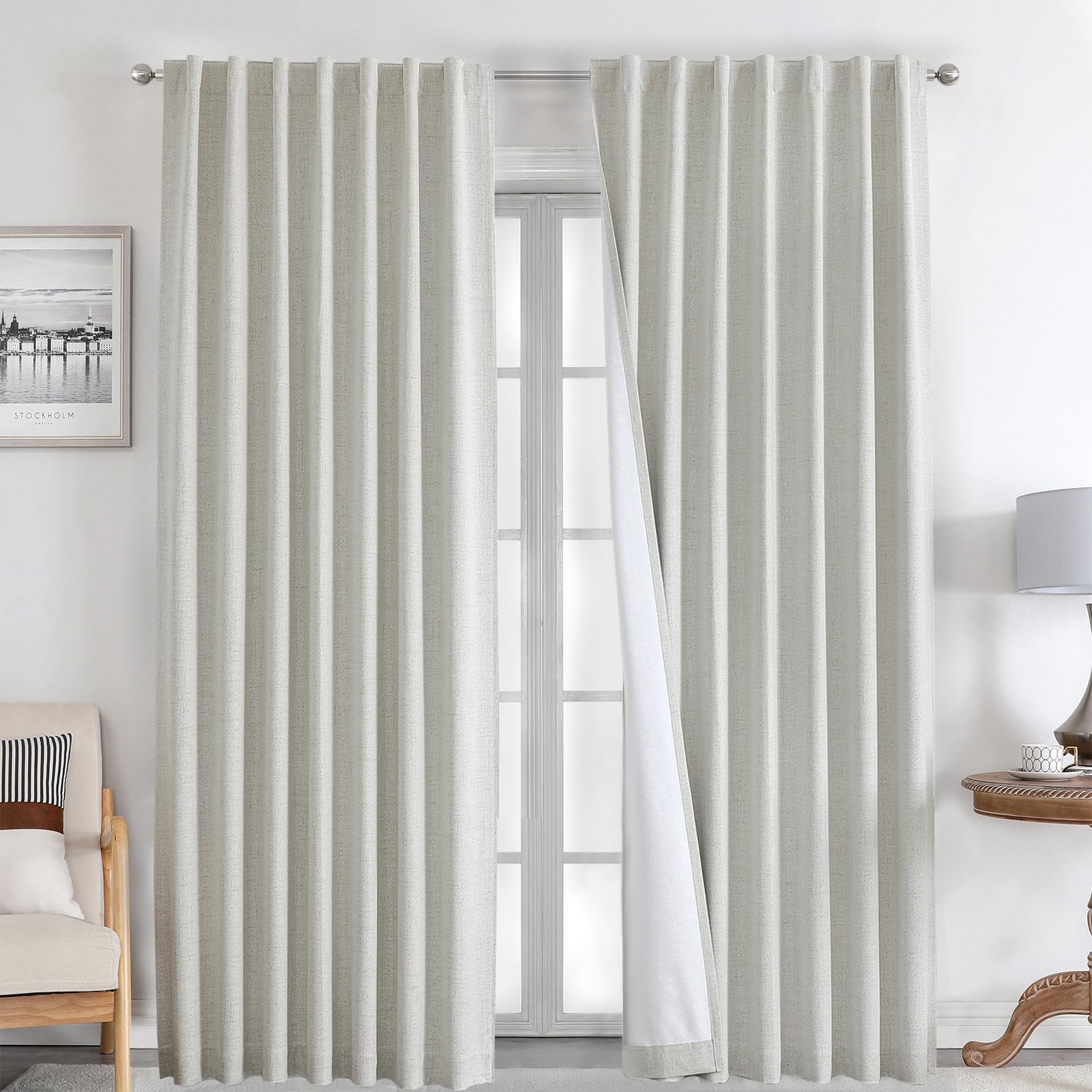 Joydeco 100% Blackout Curtains 108 inches Long Greyish White Linen Curtains 2 Panels Set Burg for Bedroom Living Room Black Out Darkening Thermal Insulated Back tab RodPocket(52x108 inchGreyish White)