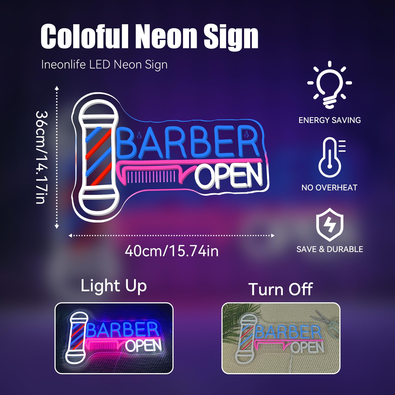 Letrero de neón abierto de barbero, poste de barbero, luz nocturna LED