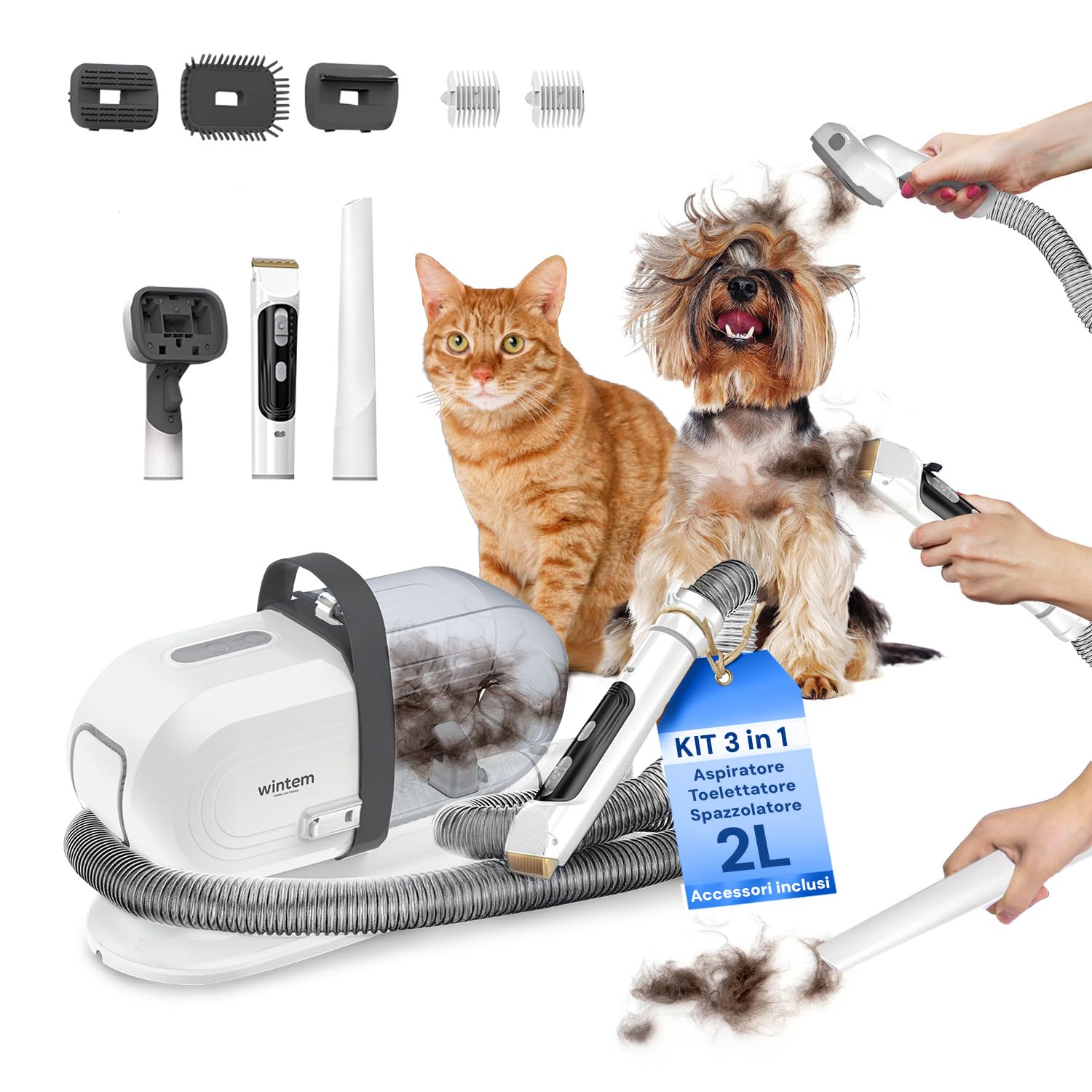 Kit Toelettatura 3in1 per Cani e Gatti - Spazzola, Tosatrice e Aspirapeli – 3 Velocità 350W - Serbatoio 2L e Tubo 1,6m - Toelettatura Completa per Pelo Lungo e Corto - 22x32x13cm