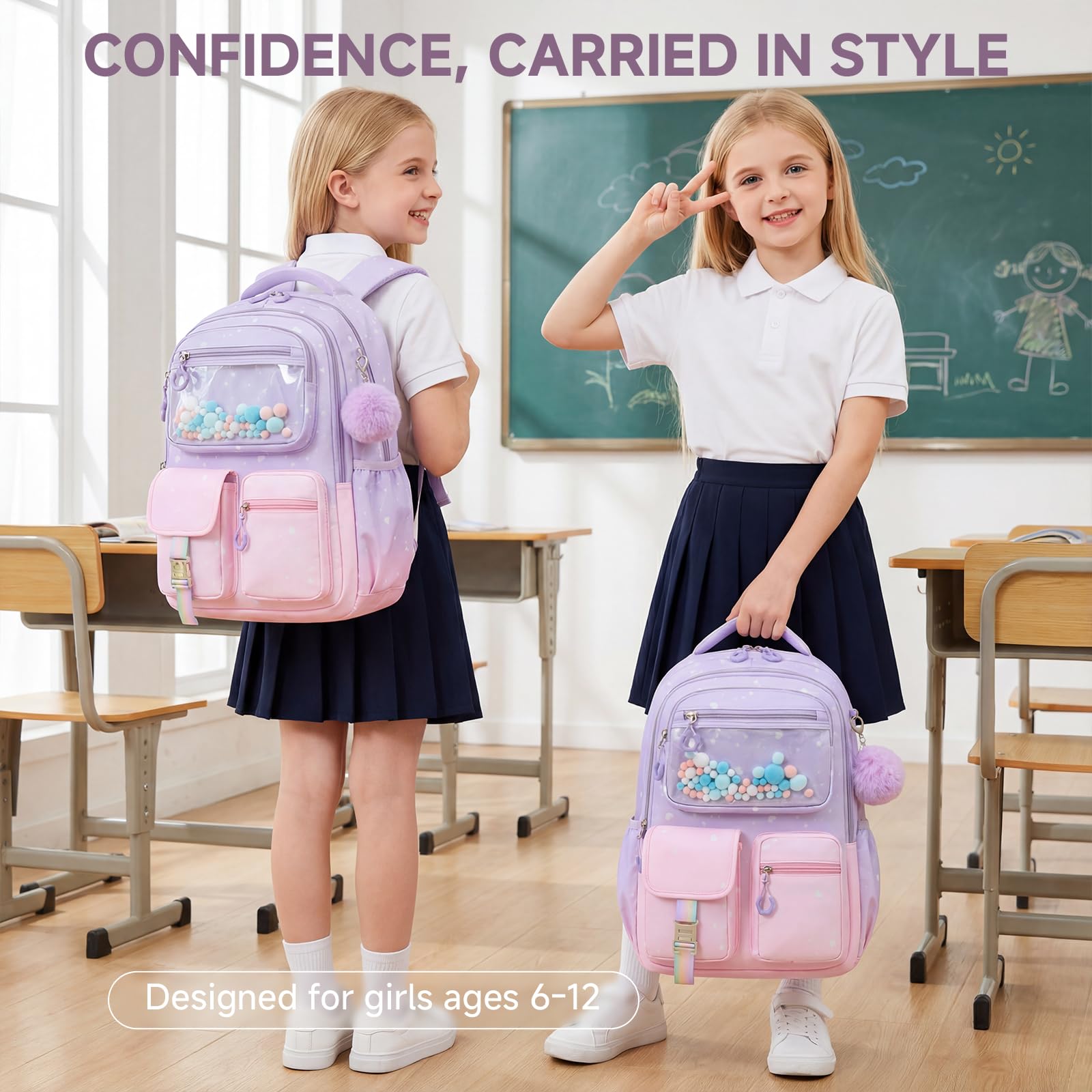 Amythe Mochila para Niñas, Mochila Escolar Niña Ergonómica con Rayas Reflexivas, Mochila Primaria Infantil de Ocio con Lindo pompón para Escuela y Viajes, 20L, Rosa-Violeta