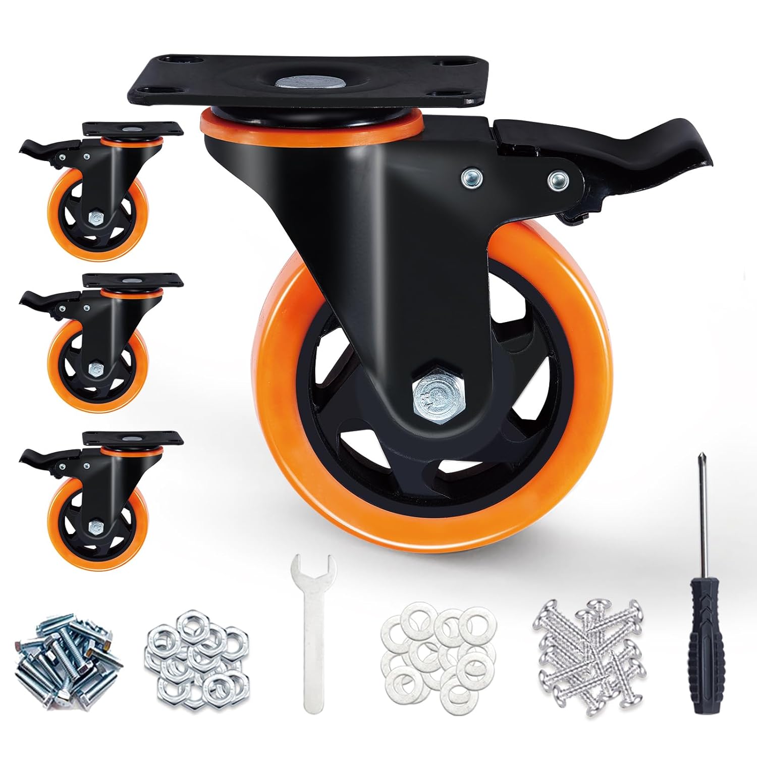 SOCHER 4 Inch Plate Caster Wheels, Heavy Duty 4” Casters Set of 4 with Brake,No Noise Polyurethane Wheels and Safety Dual Locking casters, Swivel Plate Castors (Two Hardware Kits) (4 inch)