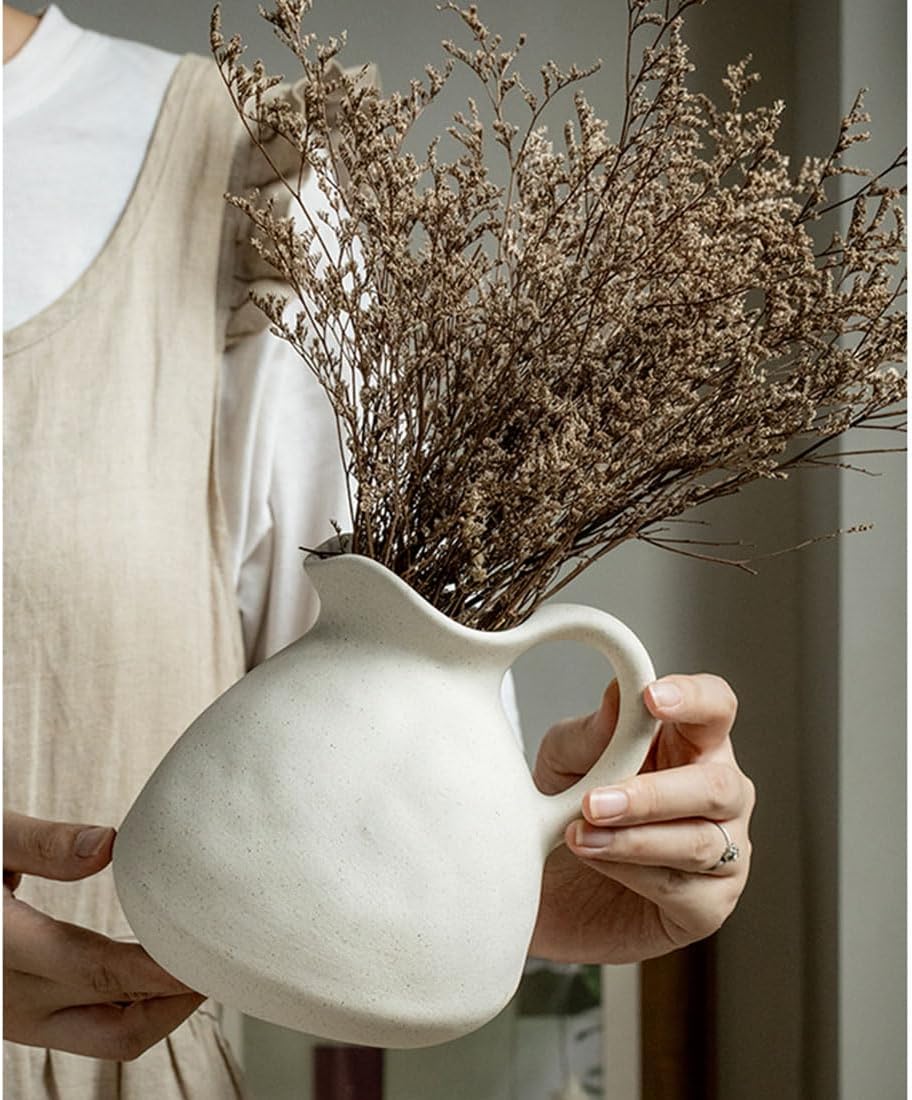White Ceramic Vase with Handle,Ceramic Pitcher Vase for Flowers,Farmhouse Vase for Table Centerpieces,Rustic Ceramic Pitchers for Shelf Decor,Living Room Decor,Gift,A