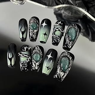 24Pcs Square Press on Nails Medium Punk Fake Nails Green Black Gradient 3D Acrylic Nails Luxury Gems Design Y2k Coffin Glue on Nails Snake Charms False Nails Flame Star Stick on Nails Decoration