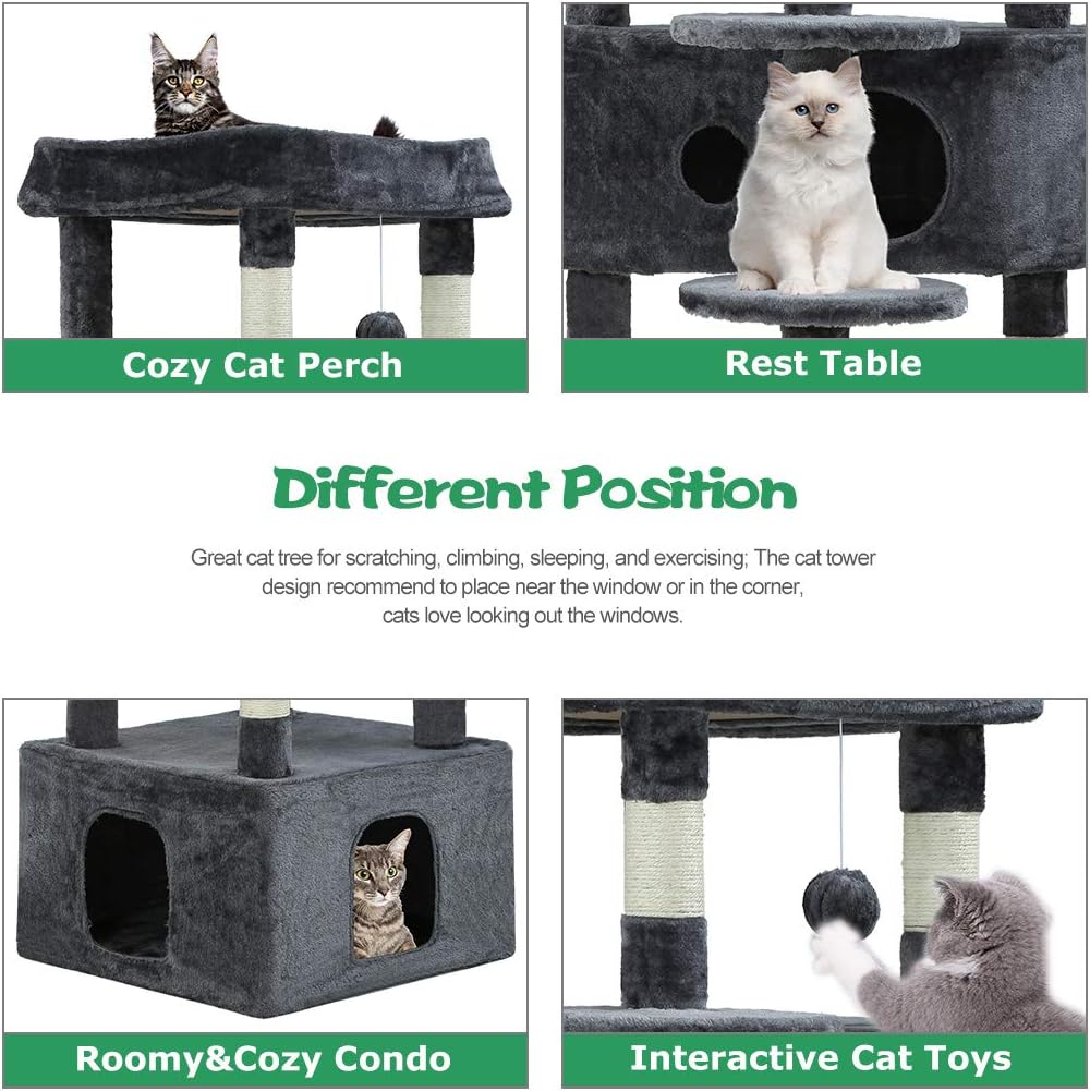BestPet Cat Tree Cat Tower Cat Condo Playground Cage Kitten Medium Multi-Level 48.8 Inches Activity Center Play House Scratching Post Furniture Large Soft Plush Perches,Grey