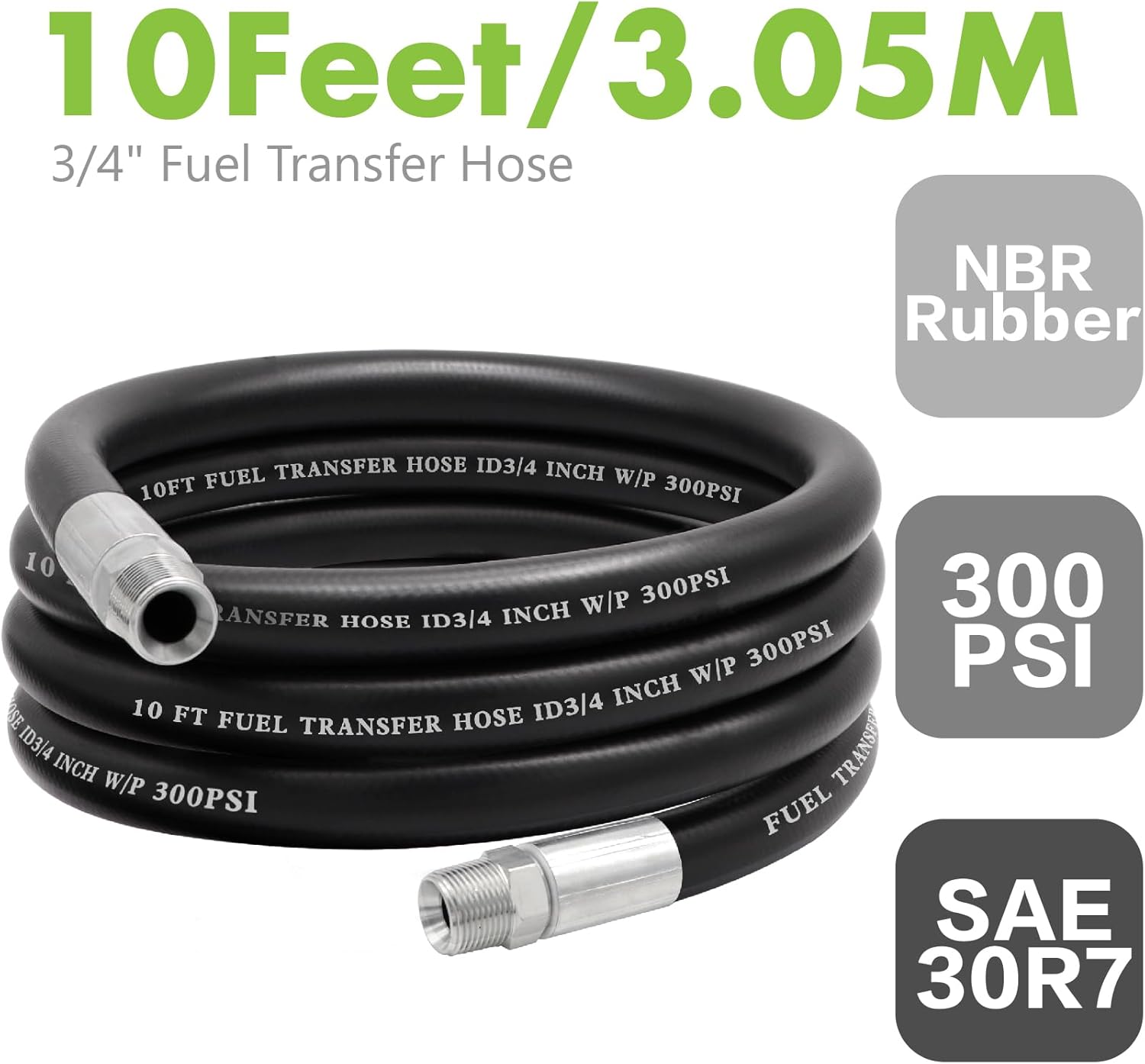 3/4" ID x 10FT Heavy Duty Fuel Transfer Hose Kit | with Pre-Attached 3/4" NPT Fittings | 300PSI Nitrile/Steel/PVC | for Diesel, Gasoline, Kerosene, Biodiesel on Pumps, Dispensers & Tanks