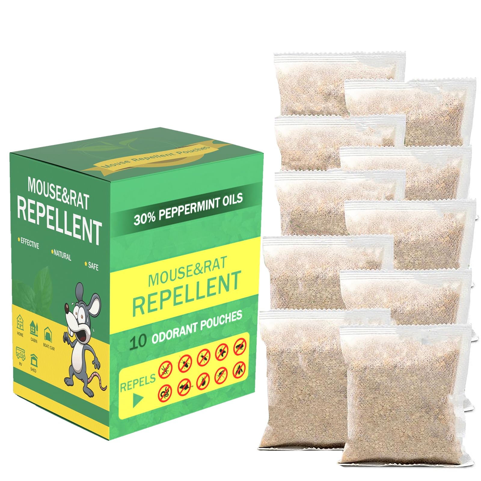 DTXDTech Rodent & Rat Repellent Pouches Peppermint Oil 10 Pack, Natural Rodent Traps, Long Lasting Mouse Repellent for Indoor & Outdoor Use, Strong Pest Control (White)